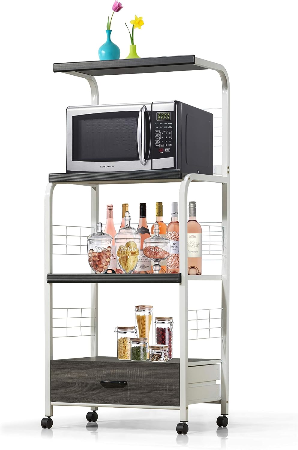 Crown Mark Kitchen Shelf with Casters Baker's Rack, White