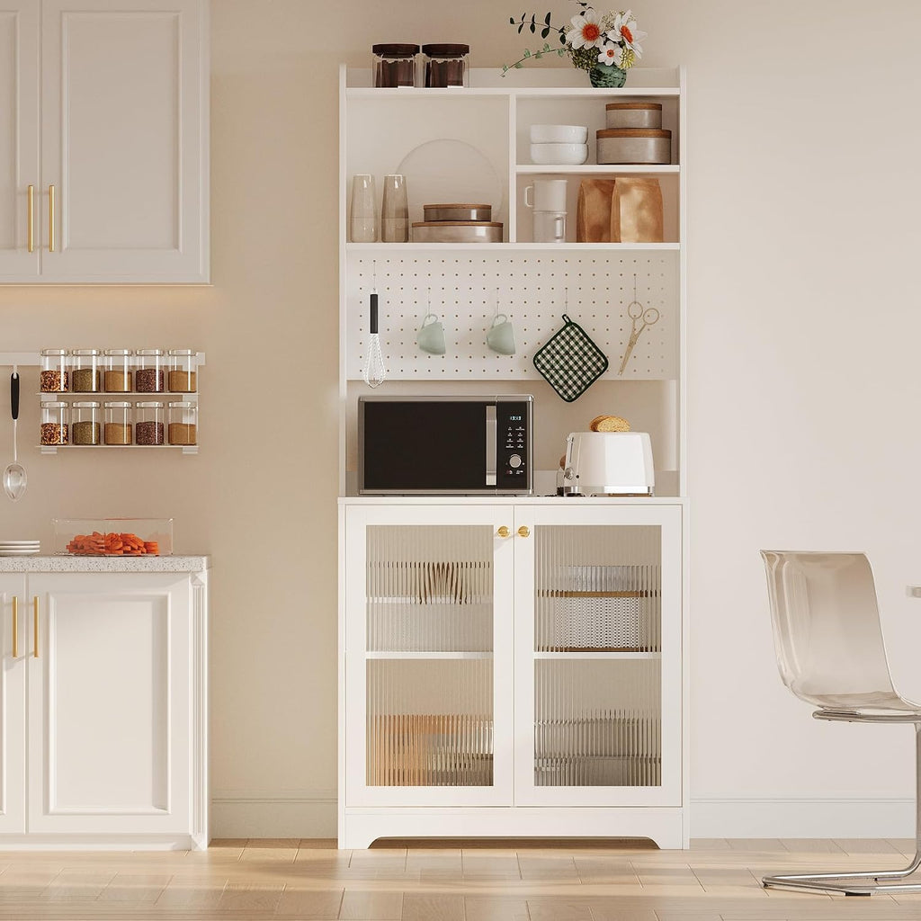GarveeHome 71 in Pantry Storage Cabinet with Doors, Kitchen Storage Cabinets with DIY Pegboard & Adjustable Shelves, Hutch Cabinet for Kitchen Dining Room Living Room(31.5 in x15.5 in x71 in), White