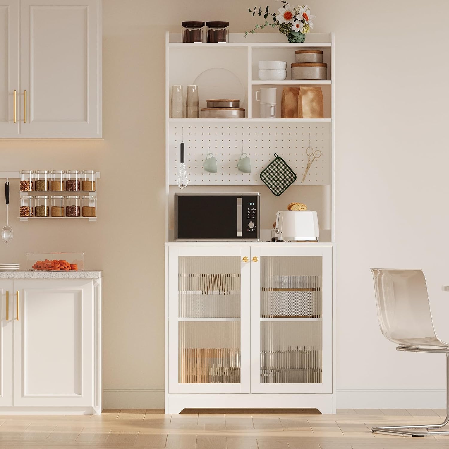 GarveeHome 71 in Pantry Storage Cabinet with Doors, Kitchen Storage Cabinets with DIY Pegboard & Adjustable Shelves, Hutch Cabinet for Kitchen Dining Room Living Room(31.5 in x15.5 in x71 in), White