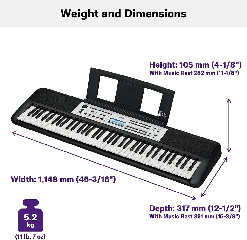 Yamaha YPT-W320 76 Touch Sensitive Key Portable Keyboard for Beginners with Music Rest, Power Adapter