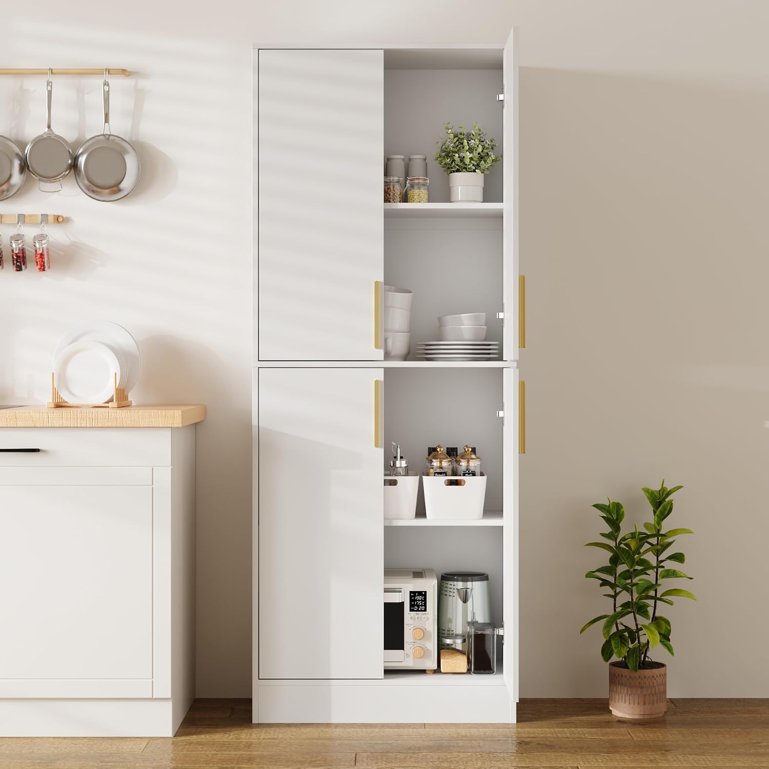 Housoul 71' Tall Pantry Cabinet with 4 Doors, Kitchen Pantry Storage Cabinet, Freestanding Larder Cupboard, Kitchen Hutch with Gold Handles for Dining Room, Bathroom, White