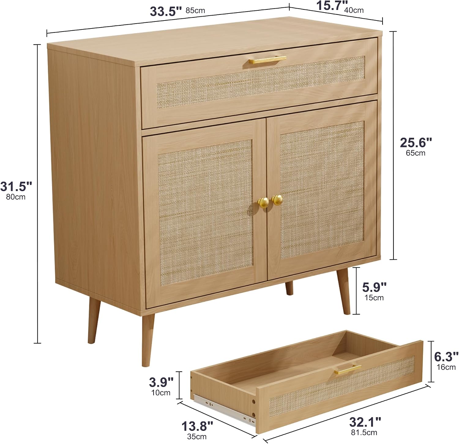 Furnify Rattan Sideboard Buffet Set of 2, Boho Kitchen Cabinet with Drawer & 2 Doors, Modern Mid Century Accent Cabinet with Adjustable Shelf, Coffee Bar for Living Room, Entryway, Kitchen, Oak