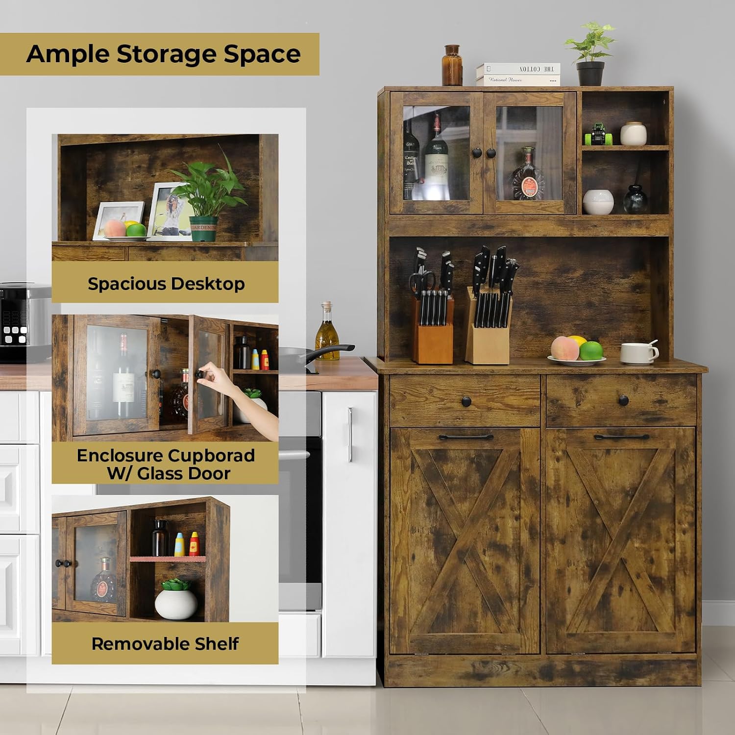 Arlopu Dual Tilt Out Trash&Storage Cabinet, Kitchen Sideboard Cupboard W/Pet Proof 10X2 Gal Hidden Garbage Holder, Freestand Laundry Sort Cabinet, W/Drawer, Shelves,Barn Door (Vintage Wood)