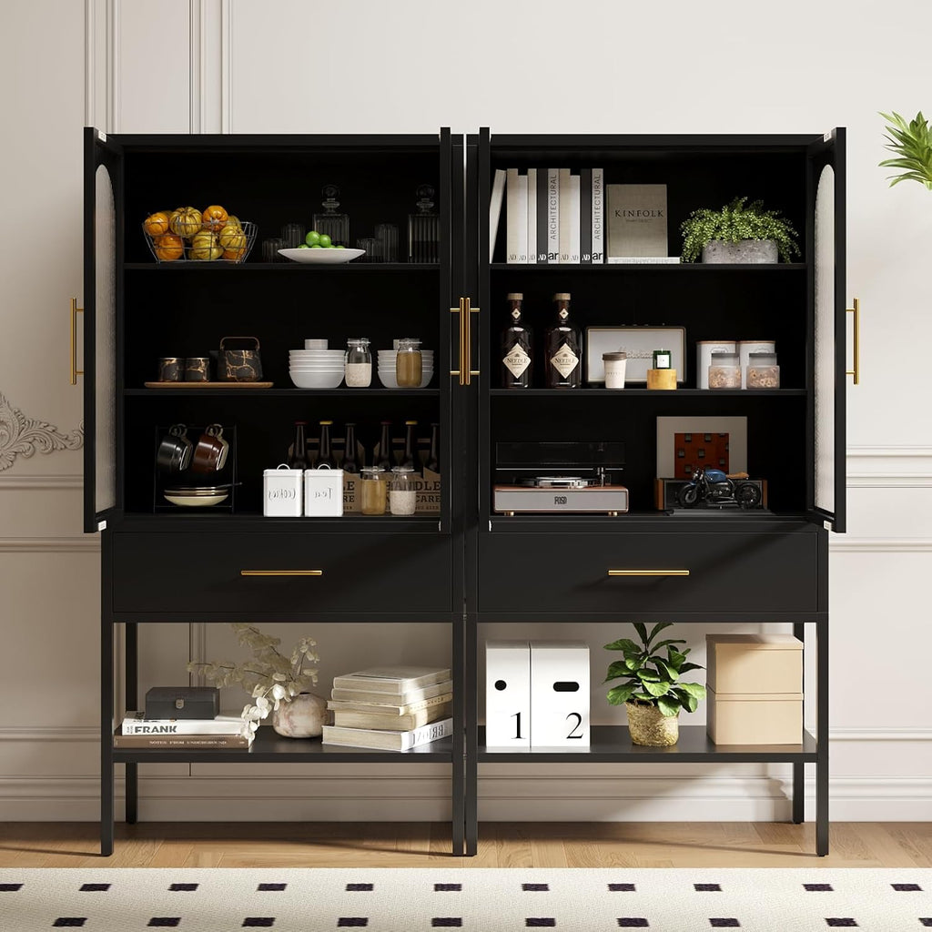 ALBAD 63 Inch Tall Metal Pantry/Display/Storage Cabinet with Fluted Glass Doors and Drawer & Adjustable Shelf for Modern Home Office Living Room Kitchen Black