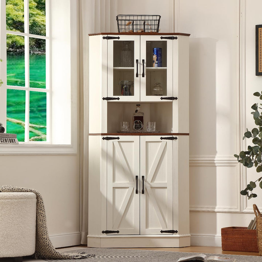 66.92'' Tall Corner Cabinet with Adjustable Shelves for Great Storage and Showcase,Storage Cabinet Double as Corner Liquor Cabinet with Hexagon Design for Livinng room,Kitchen and Bathroom,Off White
