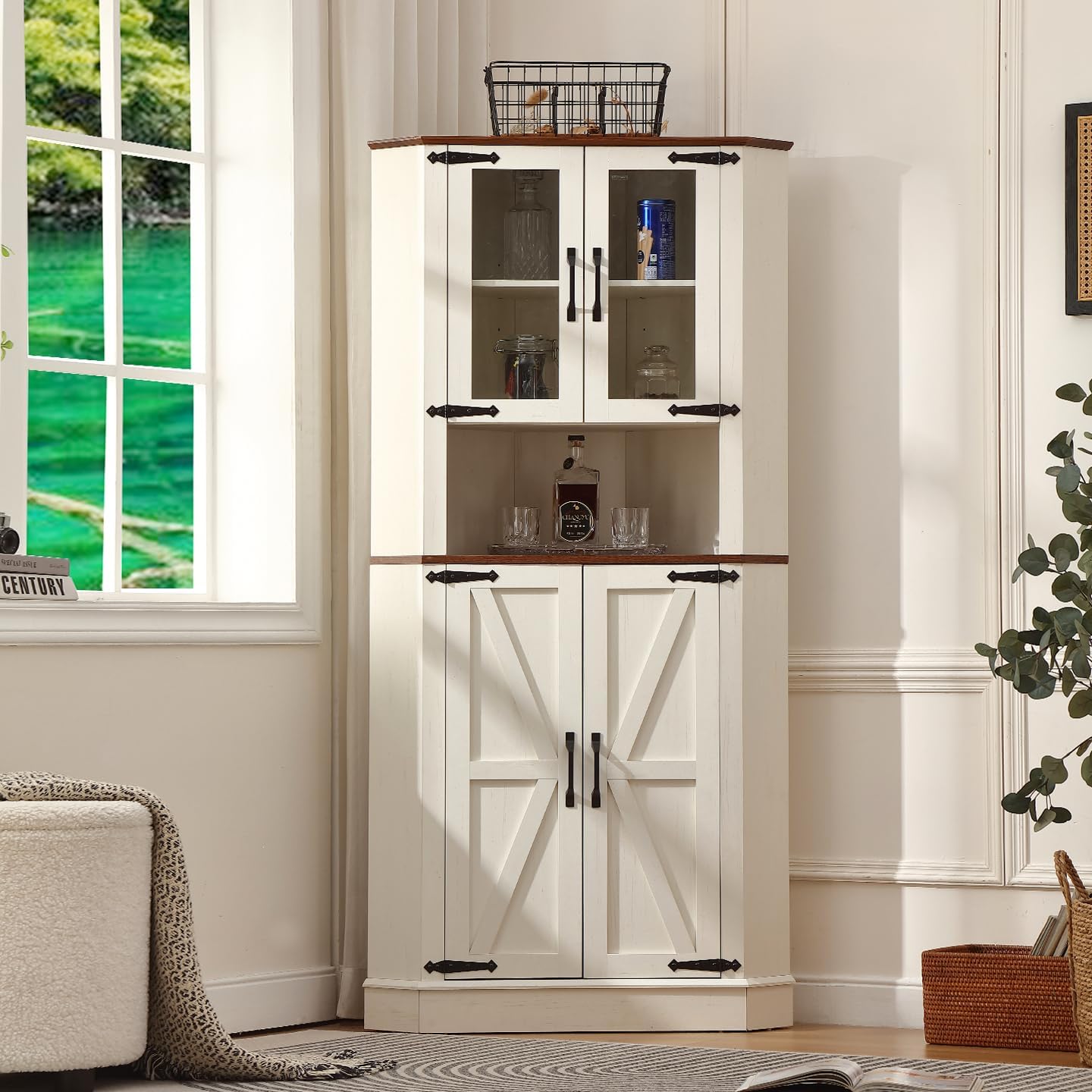 66.92'' Tall Corner Cabinet with Adjustable Shelves for Great Storage and Showcase,Storage Cabinet Double as Corner Liquor Cabinet with Hexagon Design for Livinng room,Kitchen and Bathroom,Off White