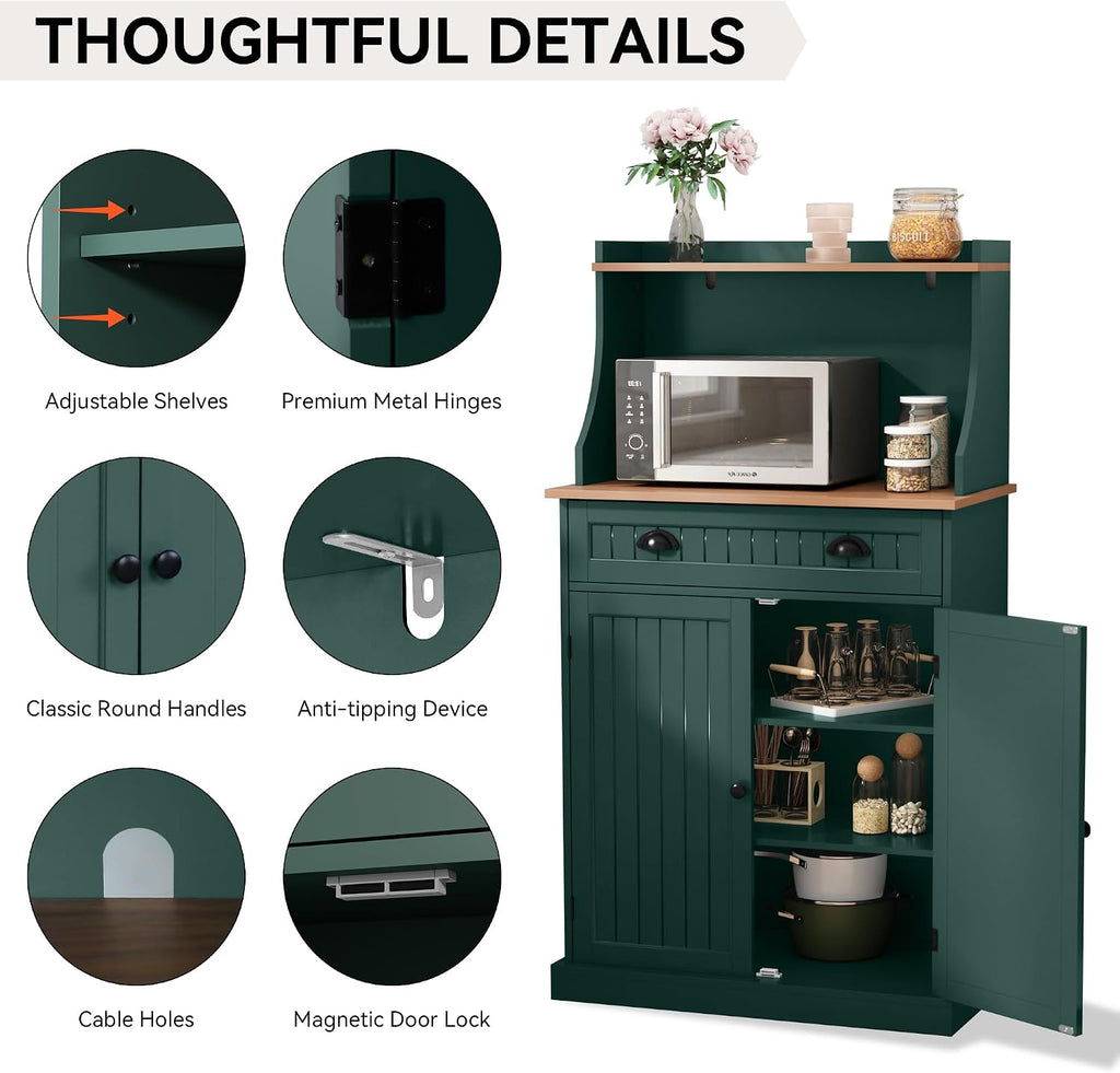 ARTPOWER 54' Kitchen Microwave Cabinet/Stand with Storage and Drawers, Green Pantry Storage Cabinet with Hutch & Adjustable Shelves for Kitchen, Dining Room, Living Room, Hallway