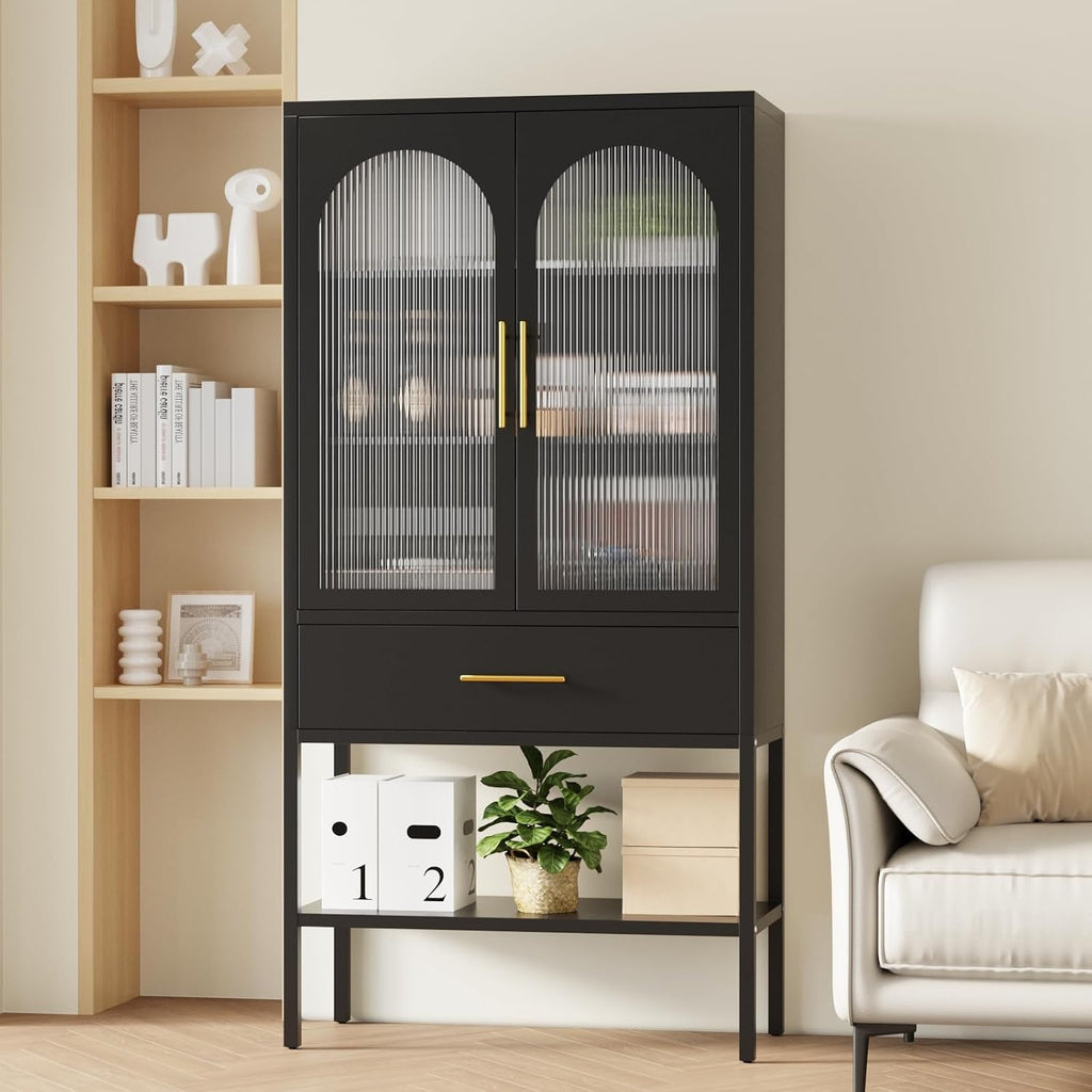 ALBAD 63 Inch Tall Metal Pantry/Display/Storage Cabinet with Fluted Glass Doors and Drawer & Adjustable Shelf for Modern Home Office Living Room Kitchen Black