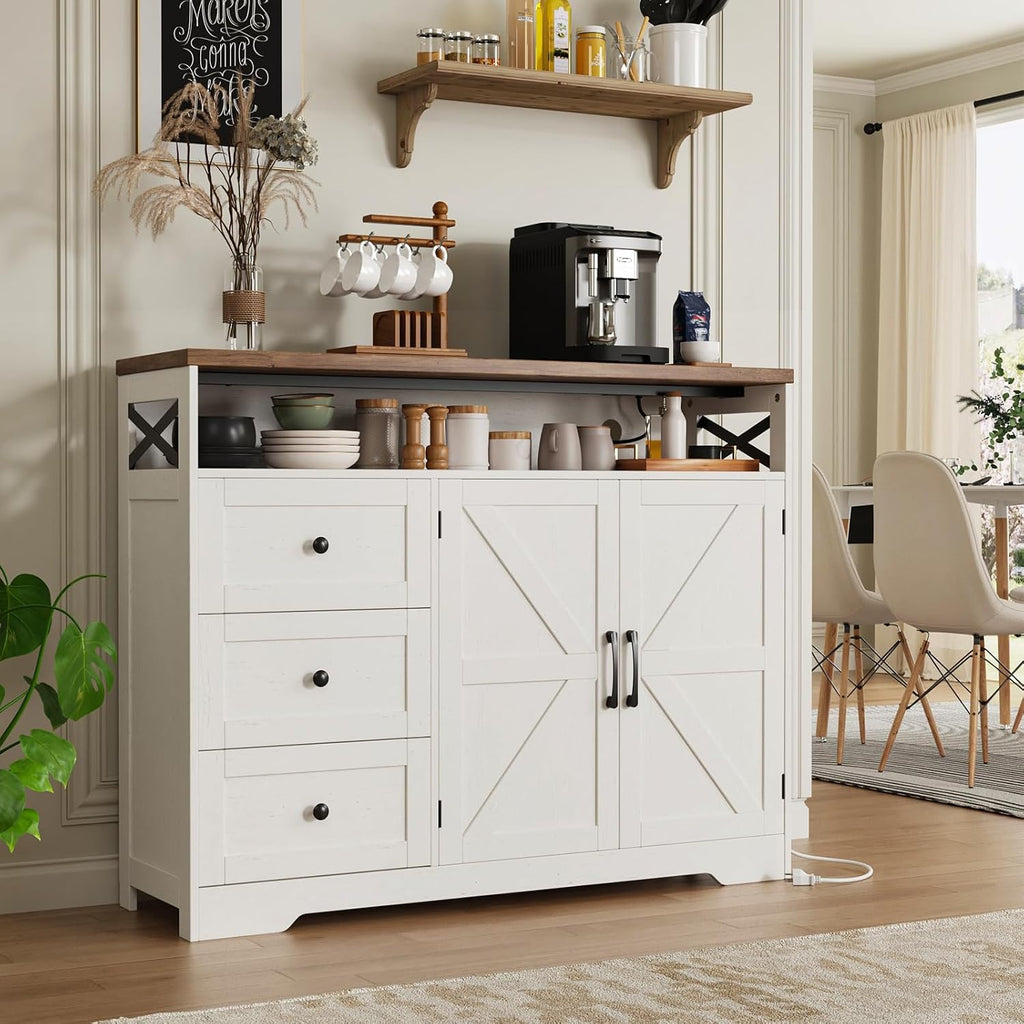47' Antique White Storage Cabinet with Doors and Drawers, Farmhouse Sideboard Buffet Cabinet with Storage, Kitchen Pantry Hutch, Coffee Bar Station Table for Kitchen, Livingroom, Dining Room