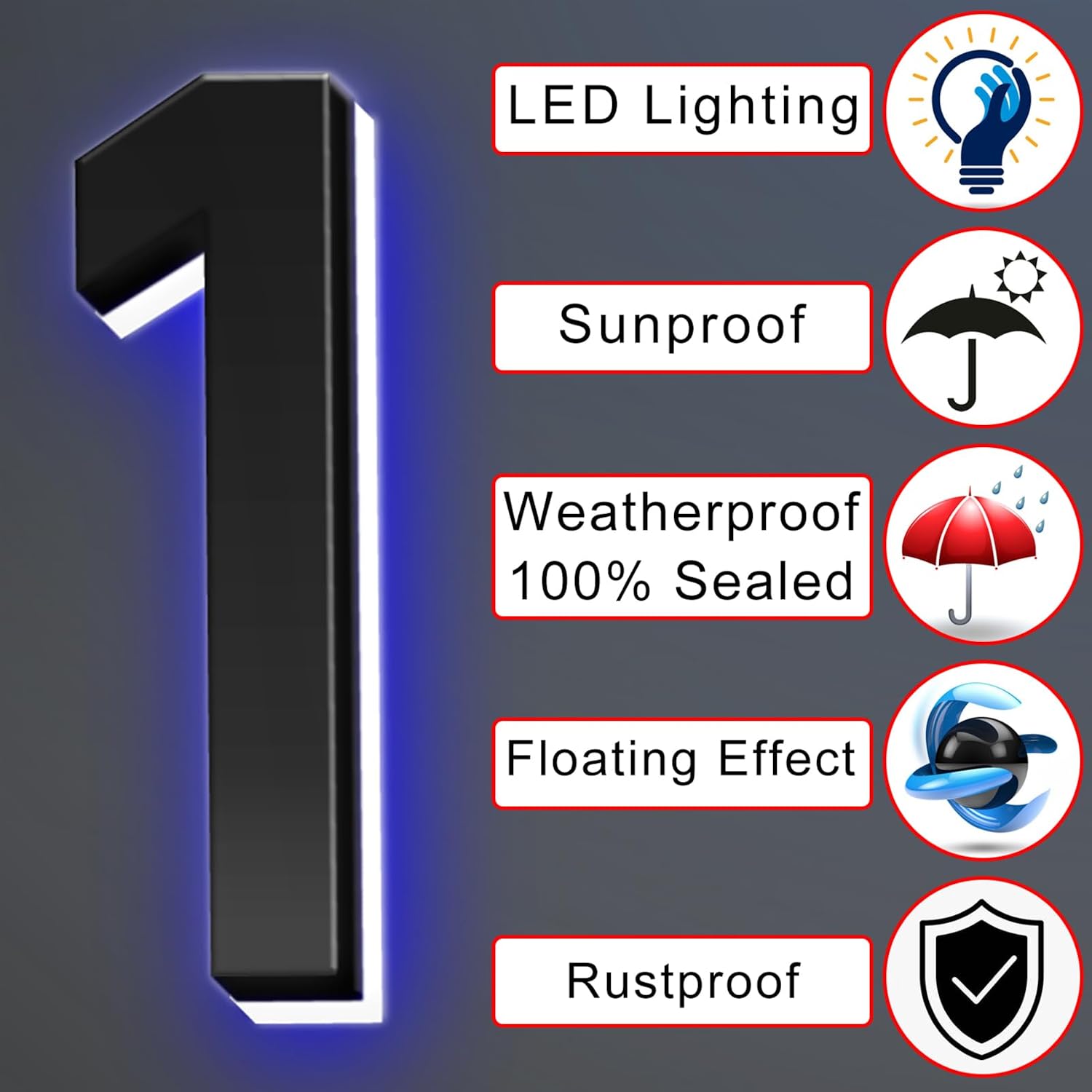 Illuminated LED House Number Sign, Matte Black, Lighted Address Number For House/Home/Yard, Light Up Address Sign, Waterproof Outdoor/Indoor, Day & Night,18 Inch/45cm,U