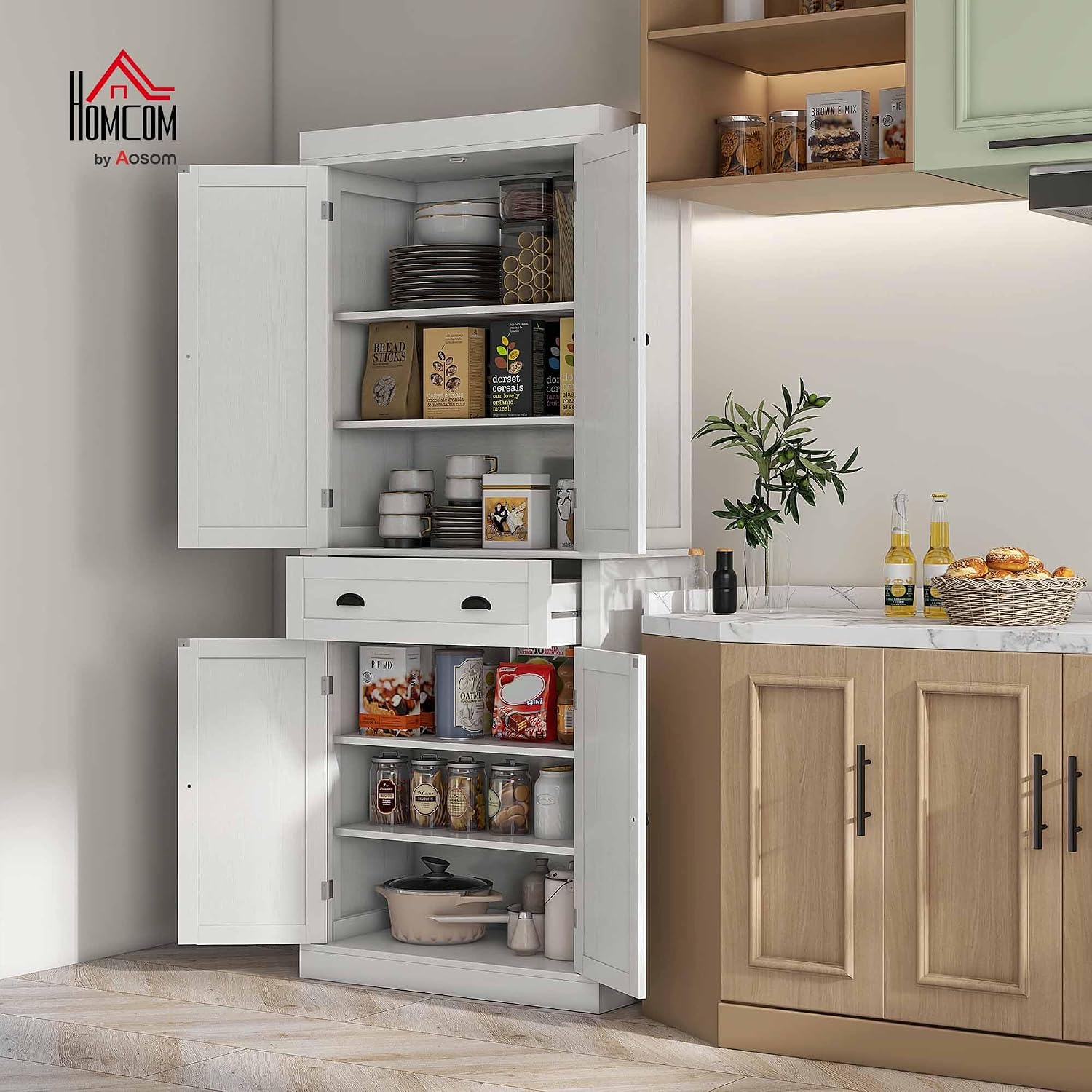 HOMCOM 72.5' Kitchen Pantry Cabinet, Traditional Freestanding Storage Cabinet with 4 Doors, Drawer and 3 Adjustable Shelves for Dining Room, White Wood Grain