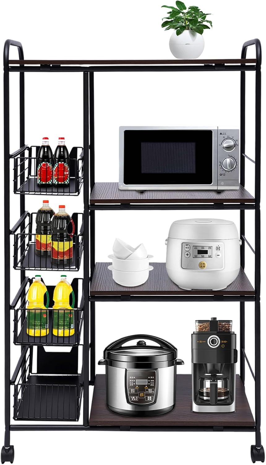 Kitchen Storage Carts,Kitchen Stand Microwave Cart for Home,Kitchen Shelving Unit Rolling Utility Microwave Oven Rack on Wheels,Mobile Cart with 4 Tier Storage Bakers Rack,with 4 Sliding Drawers