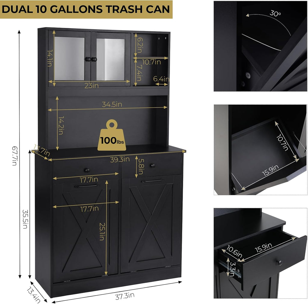 Arlopu Dual Tilt Out Trash&Storage Cabinet, Kitchen Sideboard Cupboard W/Pet Proof 10X2 Gal Hidden Garbage Holder, Freestand Laundry Sort Cabinet, W/Drawer, Shelves,Barn Door (Black)