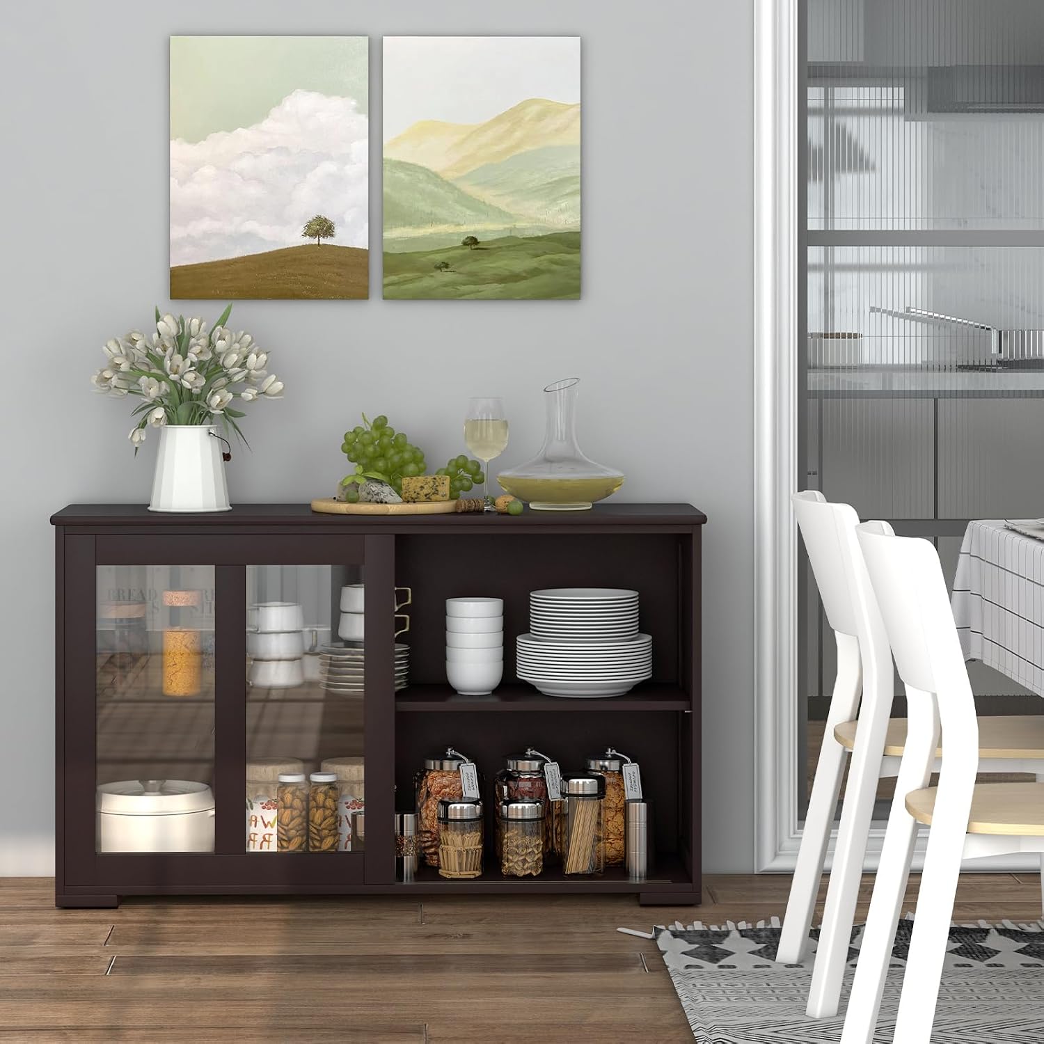COSTWAY Buffet Sideboard with Storage, 2-Door Floor Cupboard with Sliding Tempered Glass Cabinet & Adjustable Shelf, Stackable Storage Cabinet for Kitchen, Entryway, Brown (2)