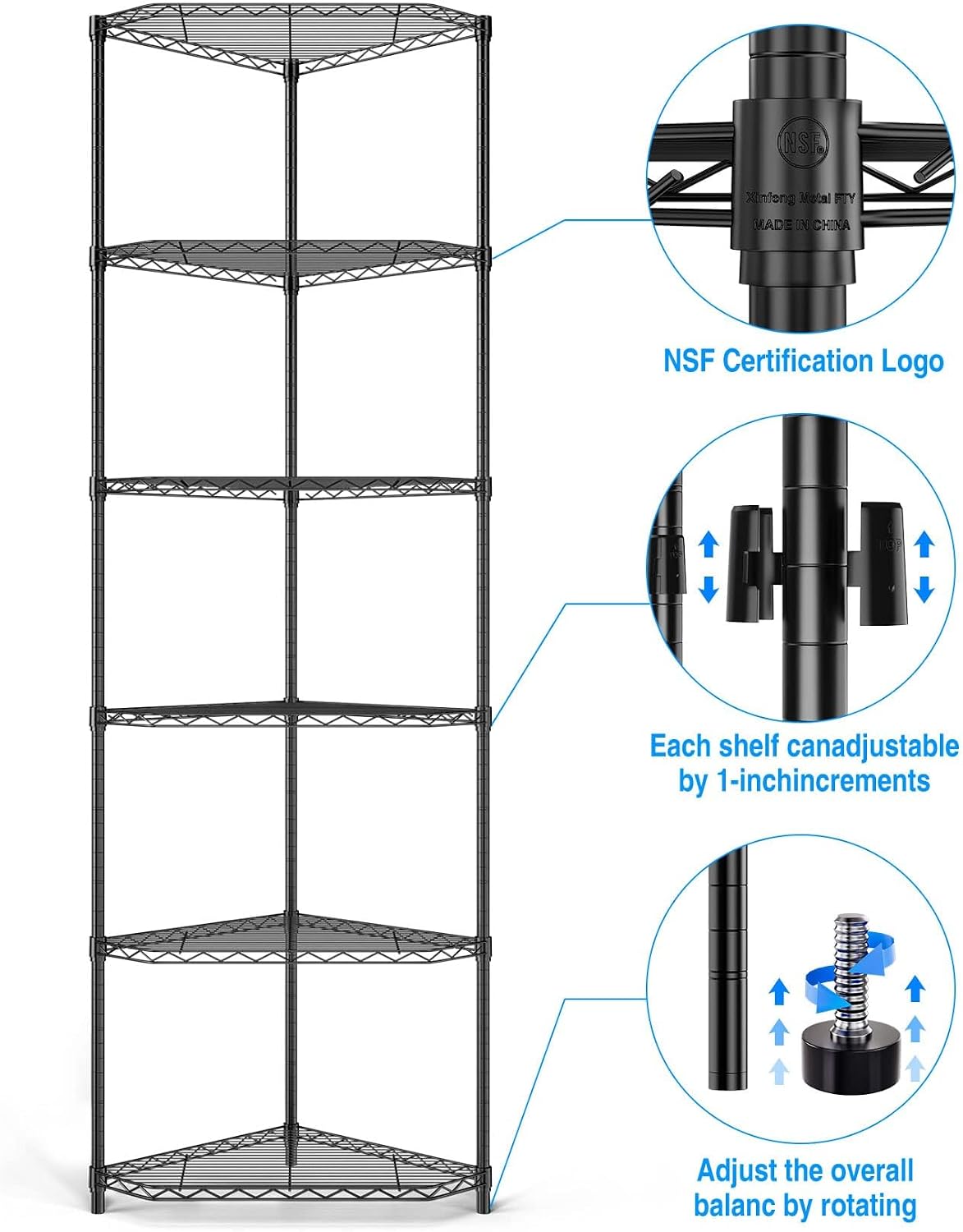 6 Tier NSF Storage Rack, 600lbs Capacity Metal Pentagonal Corner Wire Shelving Units with Adjustable Feet for Balcony, Kitchen, Bathroom 72' H x 20' L x 20' W Black