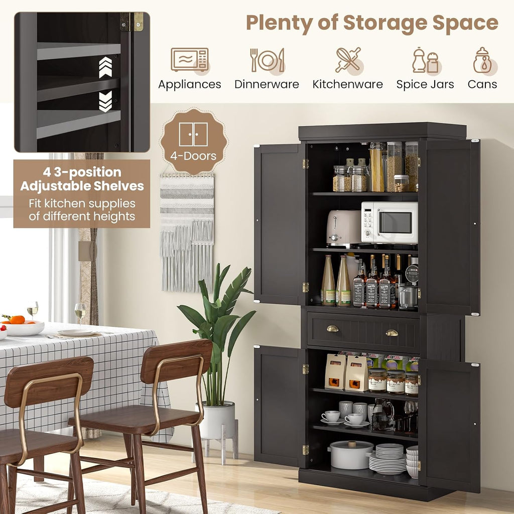 Tangkula 72' H Kitchen Pantry Cupboard Cabinet, Traditional Freestanding Large Tall Storage Cabinet with 2 Cabinets and Drawer, Adjustable Shelves, for Living Room Kitchen, 30 x 16 x 72 Inch