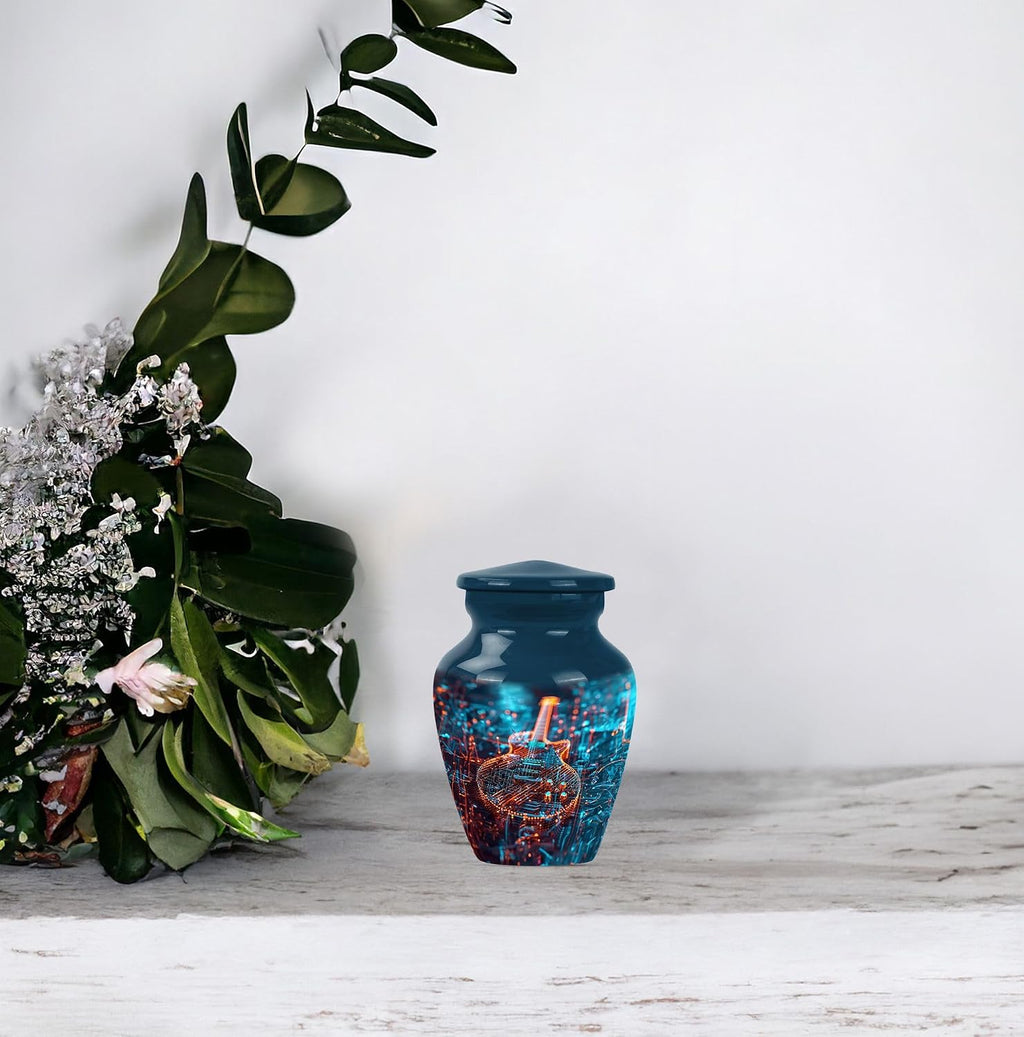Guitar Urn - Memorial Urns - Cremation Urns -Metal Urns - Combo of 1 Large Urn with Velvet Bag and 4 Small - Urns for Human Ashes Small Keepsake & Large - Urns for Men & Women