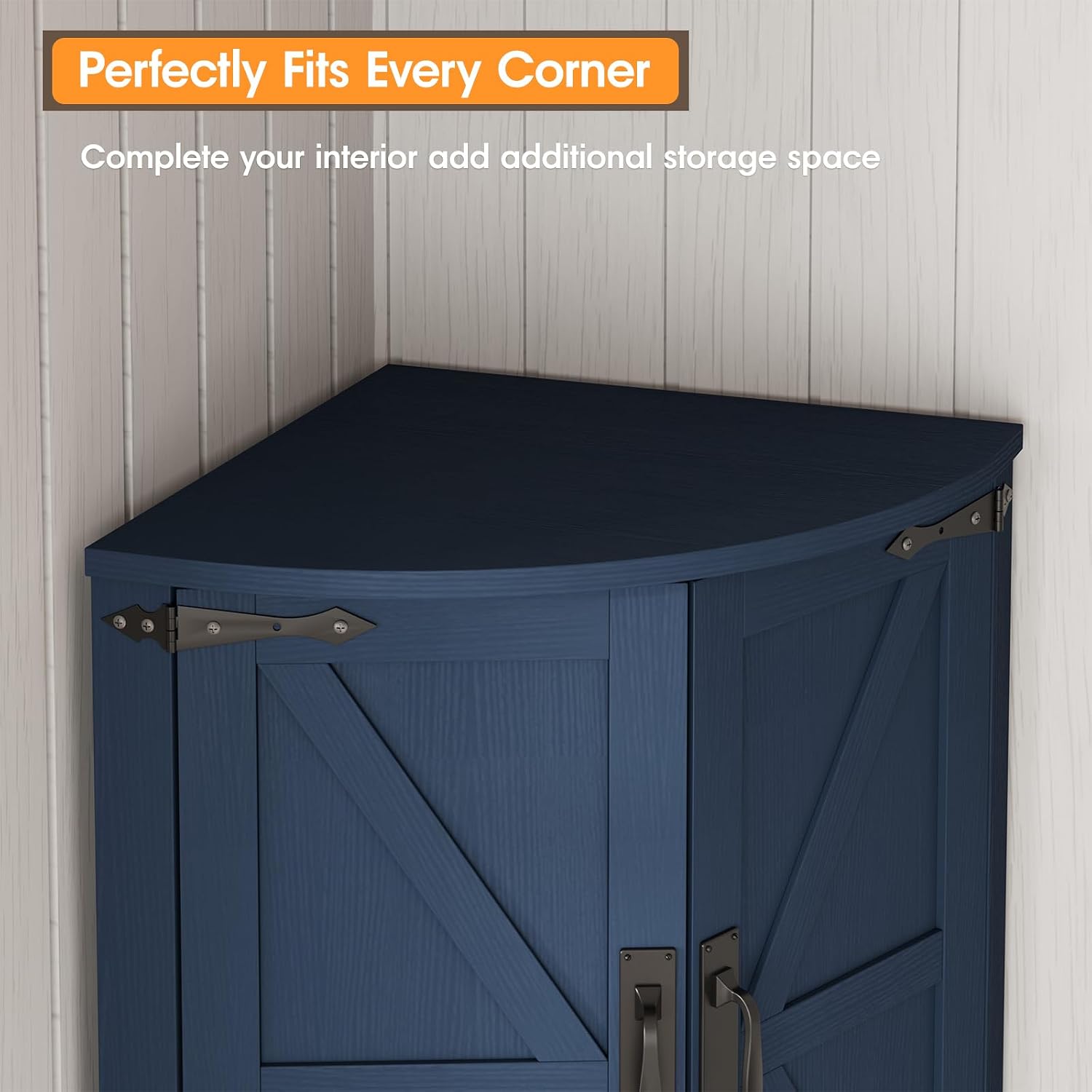 Vabches 64.8' Tall Farmhouse Corner Cabinet with 4 Doors and 5 Storage Shelves, Farmhouse Storage Cabinet with Barn Door Design, Home Space Saver for Living Room, Kitchen, Laundry Room,Blue