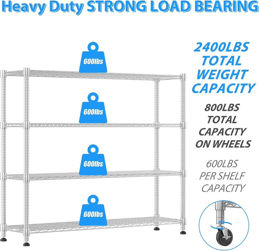 Homdox 4 Tier Heavy Duty Metal Wire Shelving with Wheels, 2400 lbs Capacity Garage Storage Rack, Rolling Industrial Storage, Adjustable Commercial Shelves for Kitchen, Warehouse, 18'x60'x72', Chrome
