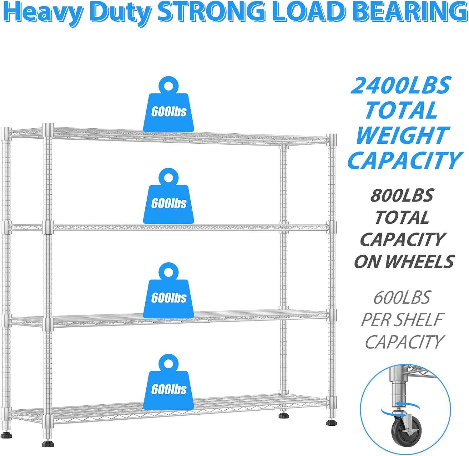 Homdox 4 Tier Heavy Duty Metal Wire Shelving with Wheels, 2400 lbs Capacity Garage Storage Rack, Rolling Industrial Storage, Adjustable Commercial Shelves for Kitchen, Warehouse, 18'x60'x72', Chrome