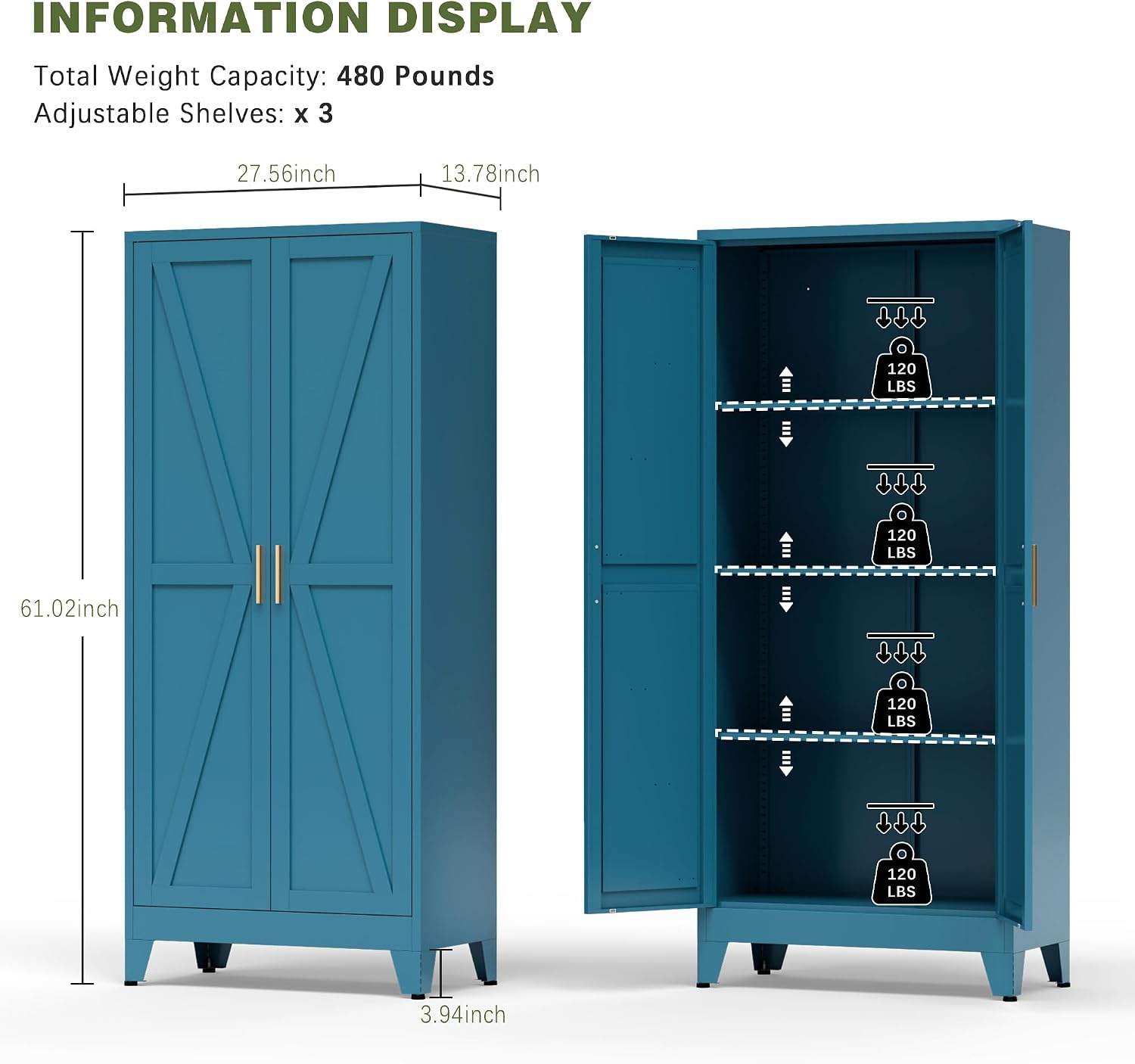 COFaR Home Farmhouse Storage Cabinet with 2 Barn Door, Tall Kitchen Pantry Cupboard with 3 Adjustable Shelves, for Dining Room, Bathroom, Living Room (Blue Green, 61' Farmhouse)