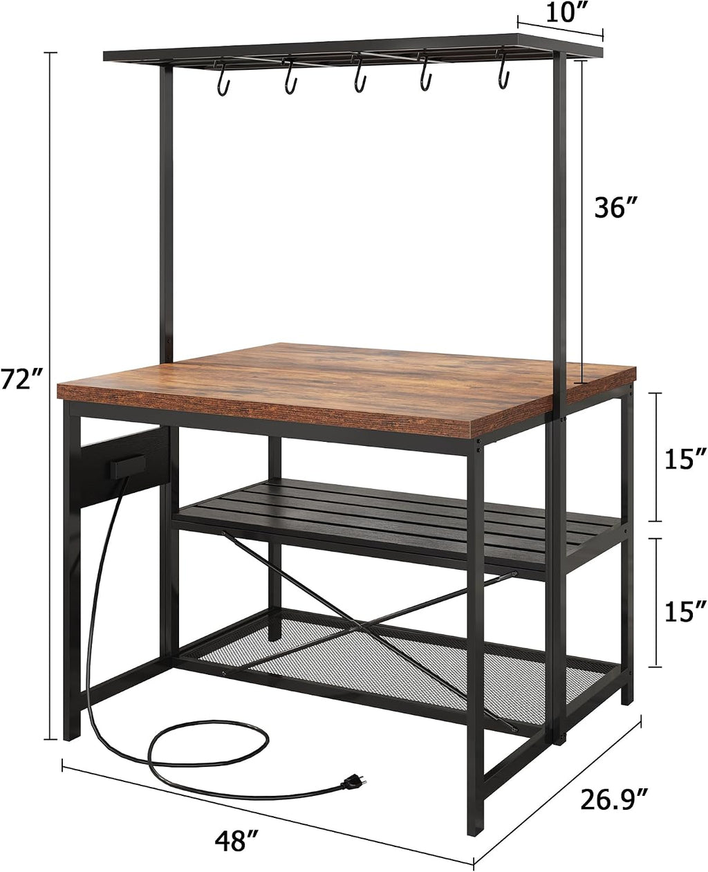 Garvee 47 in Kitchen Island with Power Outlets - Mobile Bakers Rack with 3 Shelves, Microwave Stand & 5 Hooks, 400 LB Capacity (Brown)