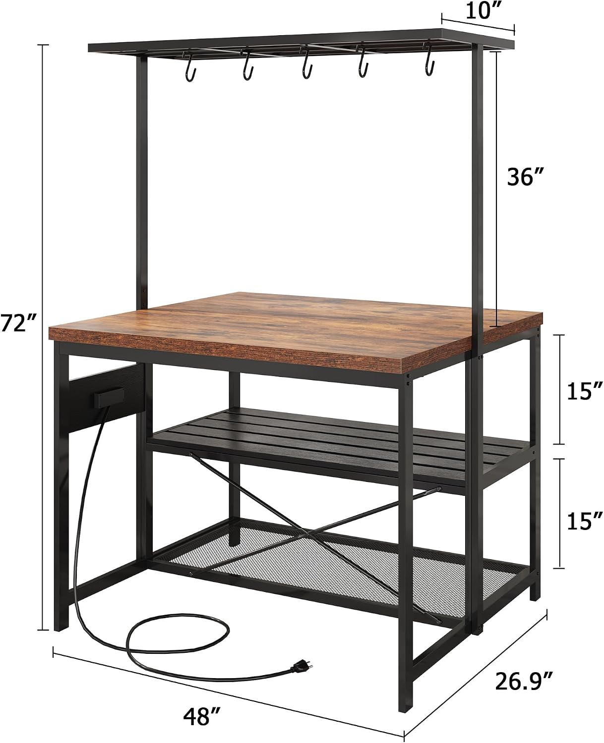Garvee 47 in Kitchen Island with Power Outlets - Mobile Bakers Rack with 3 Shelves, Microwave Stand & 5 Hooks, 400 LB Capacity (Brown)
