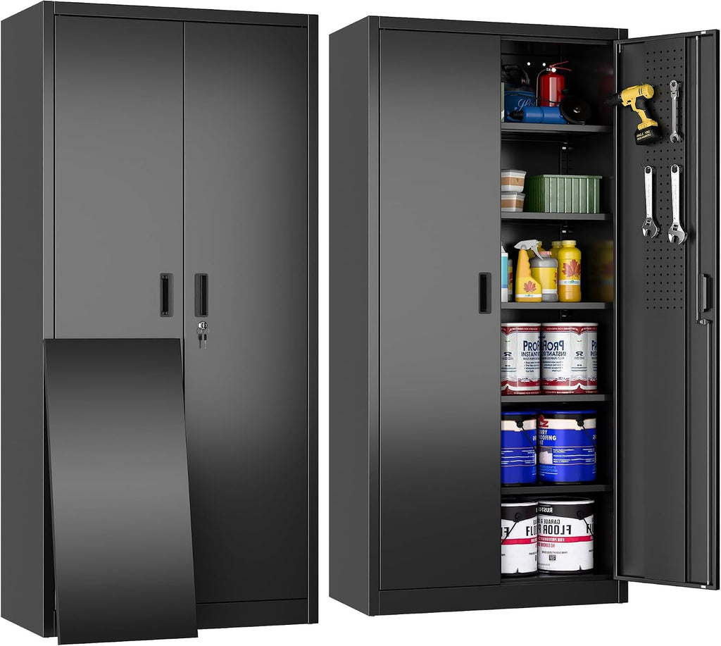 Aobabo 71' H×32' W×16' D Metal Storage Cabinet with 5 Adjustable Shelves, Locking Garage Storage Cabinet with Pegboards and 4 Hooks for Garage, Office, Black, Assembly Required