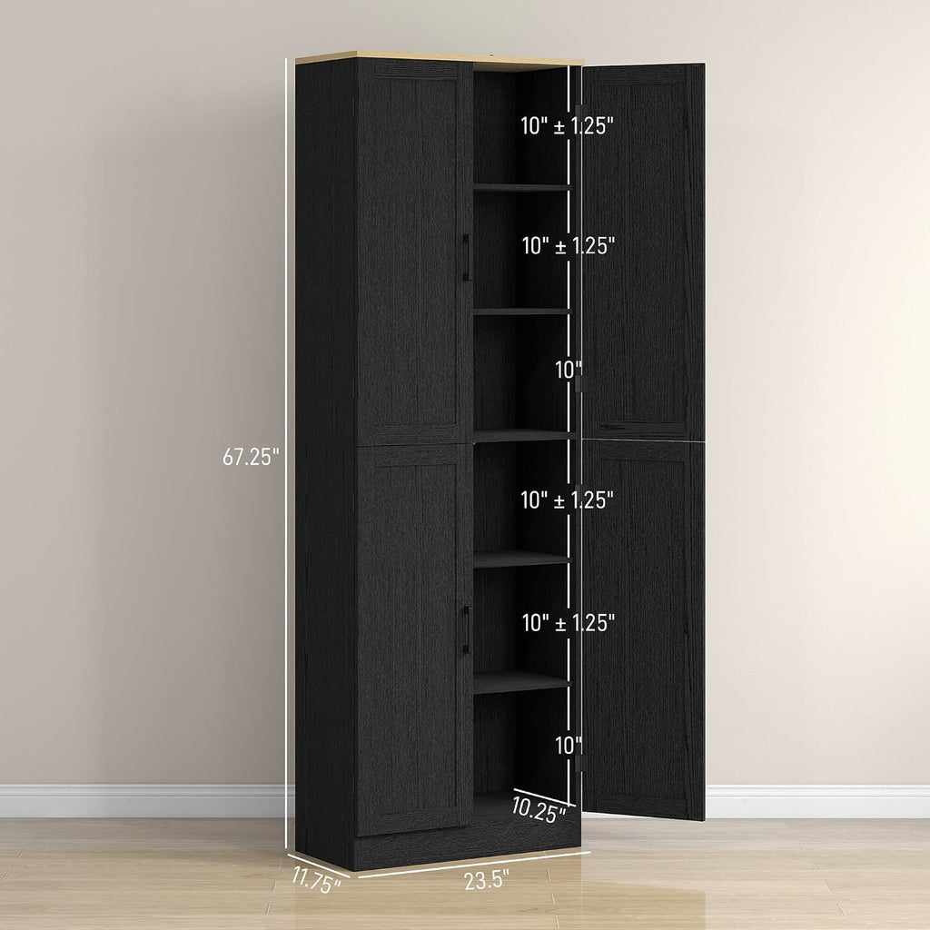 HOMCOM 67' Freestanding Kitchen Pantry, 4-Door Storage Cabinet Organizer with Adjustable Shelves, Kitchen Cabinet with Doors, Distressed Black