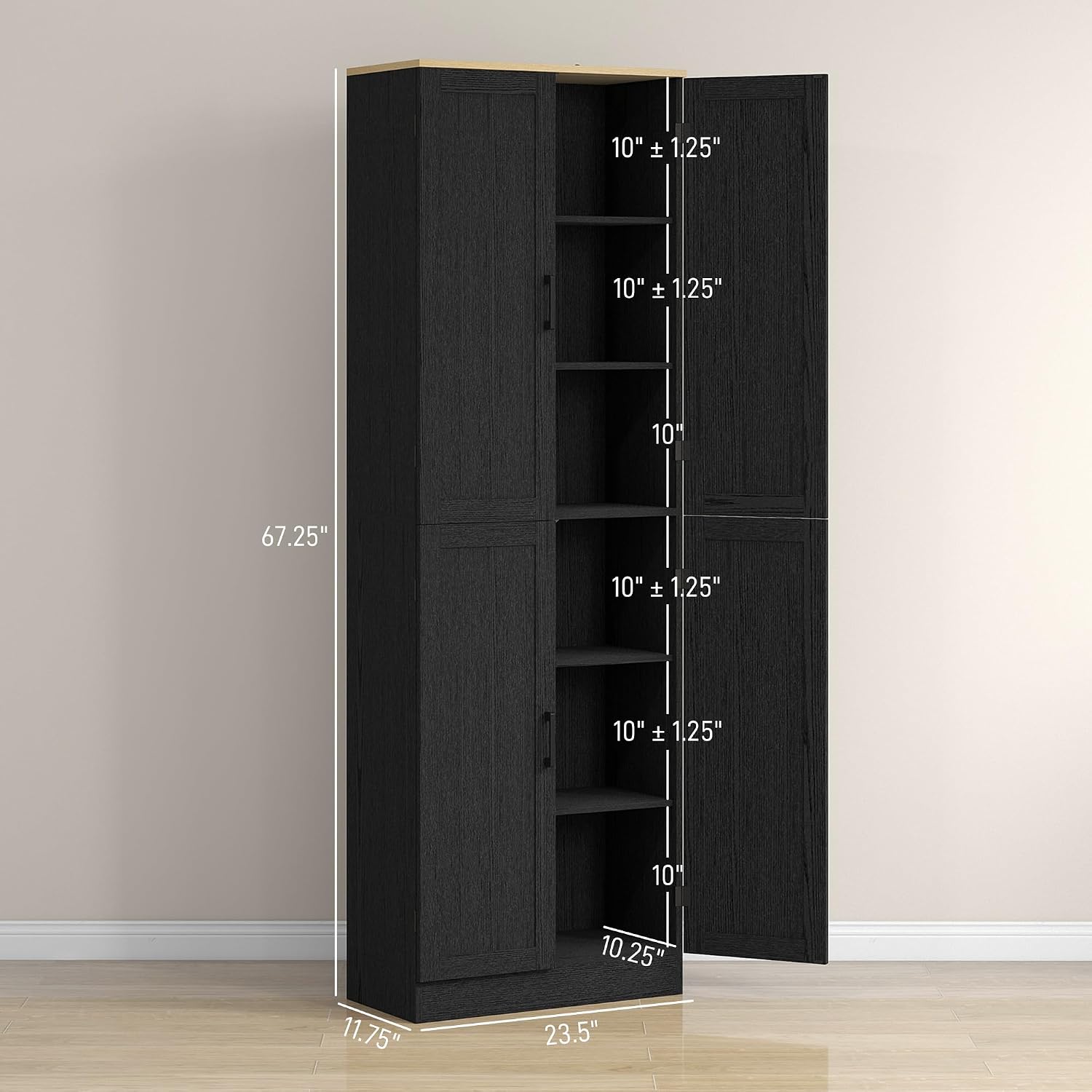 HOMCOM 67' Freestanding Kitchen Pantry, 4-Door Storage Cabinet Organizer with Adjustable Shelves, Kitchen Cabinet with Doors, Distressed Black