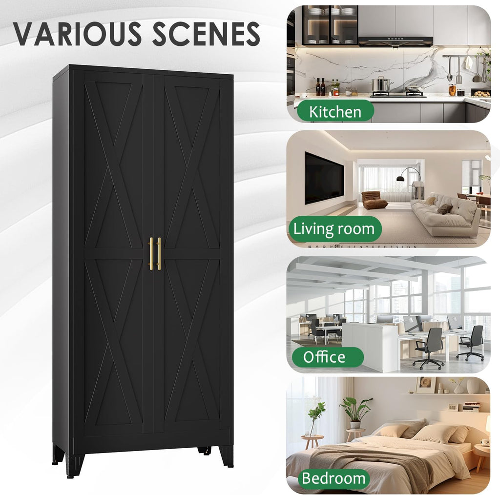 pozdeg 75' Tall Metal Kitchen Pantry Storage Cabinet with 2 Doors and 5 Adjustable Shelves, White Food Freestanding Cupboard for Kitchen, Dining Room, Bathroom and Garage (Black)
