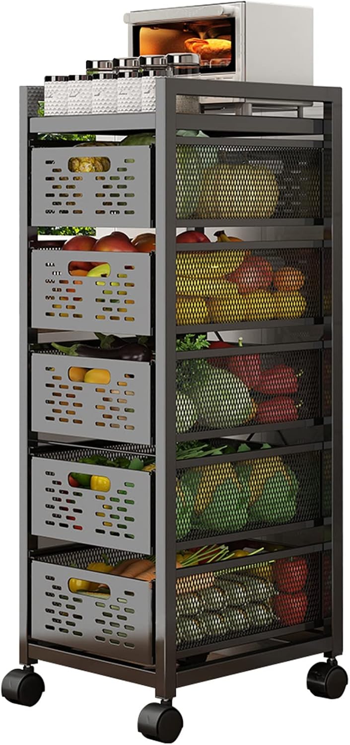 Kitchen Counter Baker's Rack with Drawers, Stackable Storage Fruit Vegetables Basket, Microwave Oven Coffee Machine Organizer Shelf, Black (Size : 5 Tier)