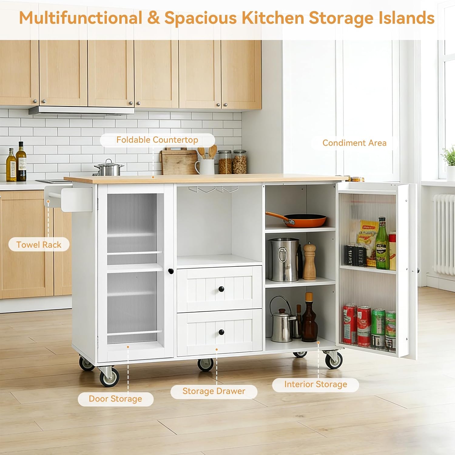 EVLIQUIL Kitchen Island Cart with Storage Cabinet & Drop Leaf, 50.4' Rolling Kitchen Table with Spice Rack & Towel Rack and Drawer, Portable Islands on Wheels, White