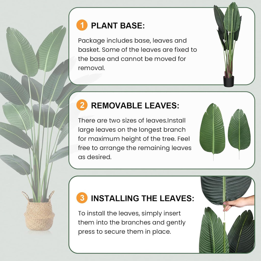 Ferrgoal Artificial Bird of Paradise Plants 6 Ft Fake Tropical Tree with Woven Basket, Faux Banana Leaf Plant for Home Indoor Outdoor Office Modern Decor Green 2 Set