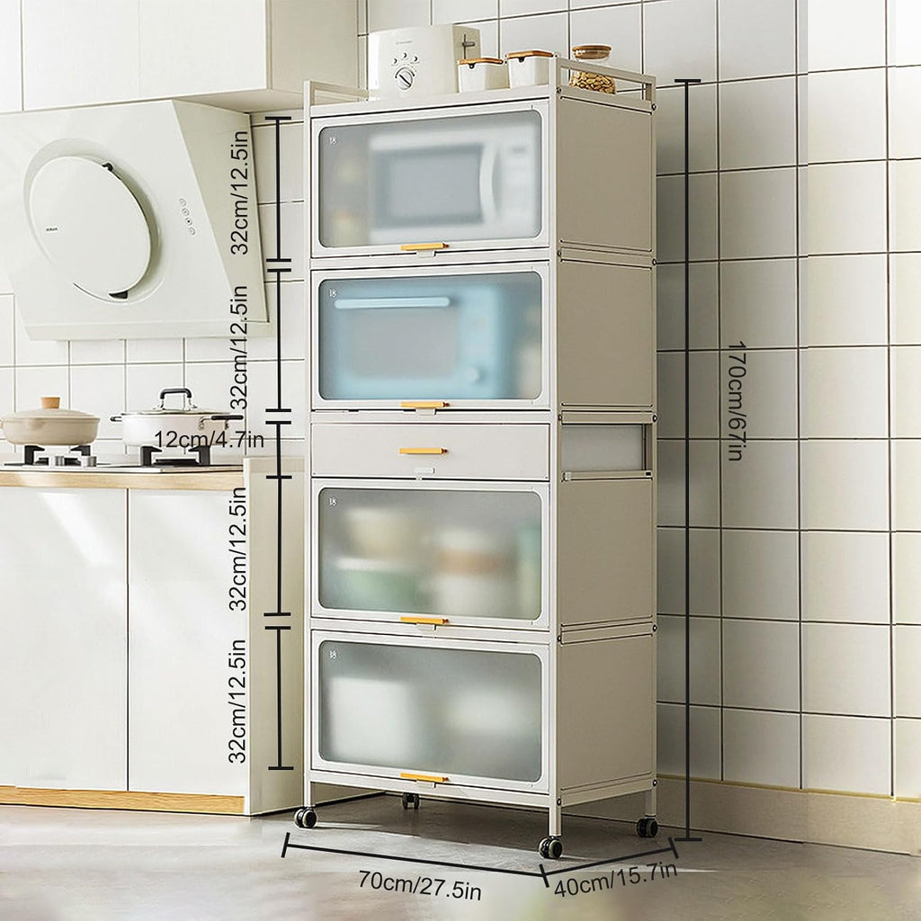 5 Tier Kitchen Bakers Rack with Flip Door Microwave Stand and Drawer White 70×170cm/27.5×67in