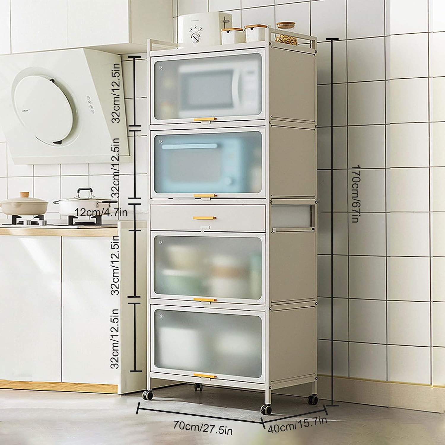 5 Tier Kitchen Bakers Rack with Flip Door Microwave Stand and Drawer White 70×170cm/27.5×67in