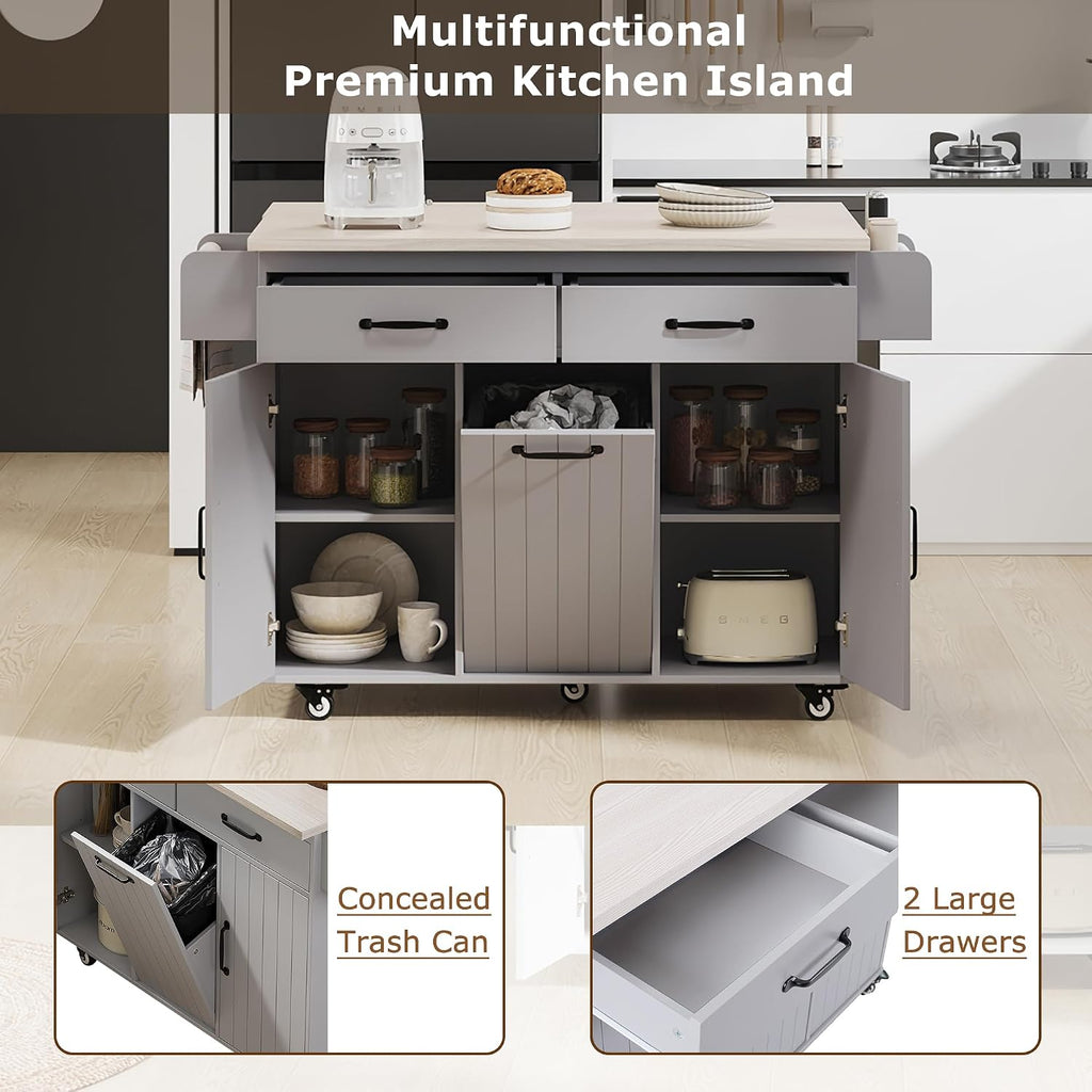 Rolling Kitchen Island Carton Wheels with Trash Can Storage Cabinet, Drop Leaf, Spice Rack, Towel Rack, Drawer, Adjustable Shelf for Dining Room Kitchens Grey