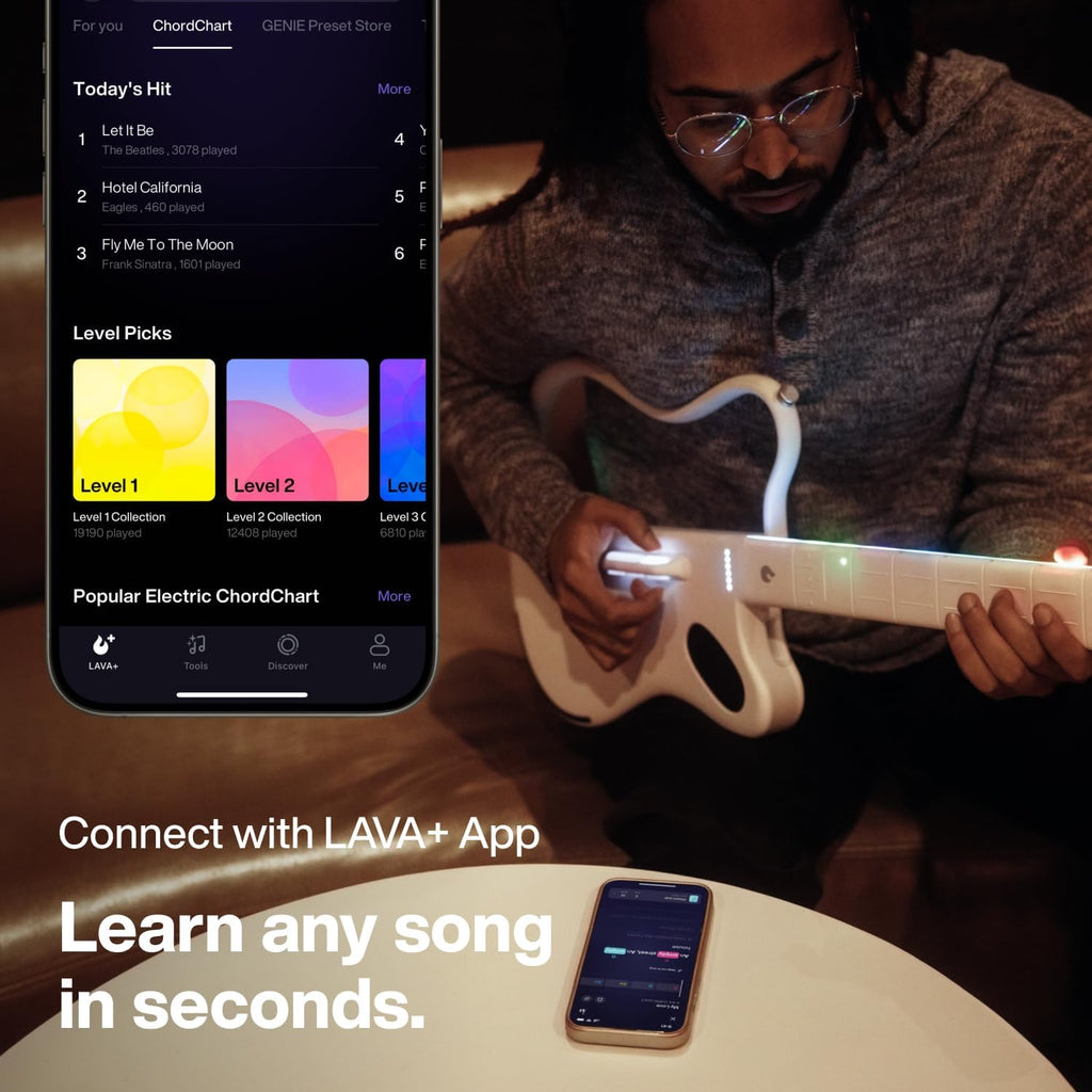 LAVA GENIE Stringless Smart Guitar, No Strings Attached, Hundreds of Instrument Presets, Onboard Speaker, Foldable, Detachable, White, 30.5 inch.