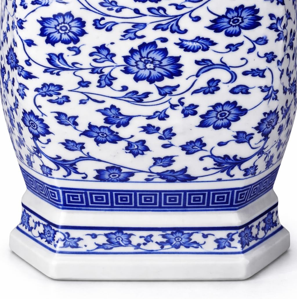 24' Classic Blue and White Hexagonal Lotus Porcelain Vase, Ceramic Vase Jingdezhen, China Qing Style （D8）