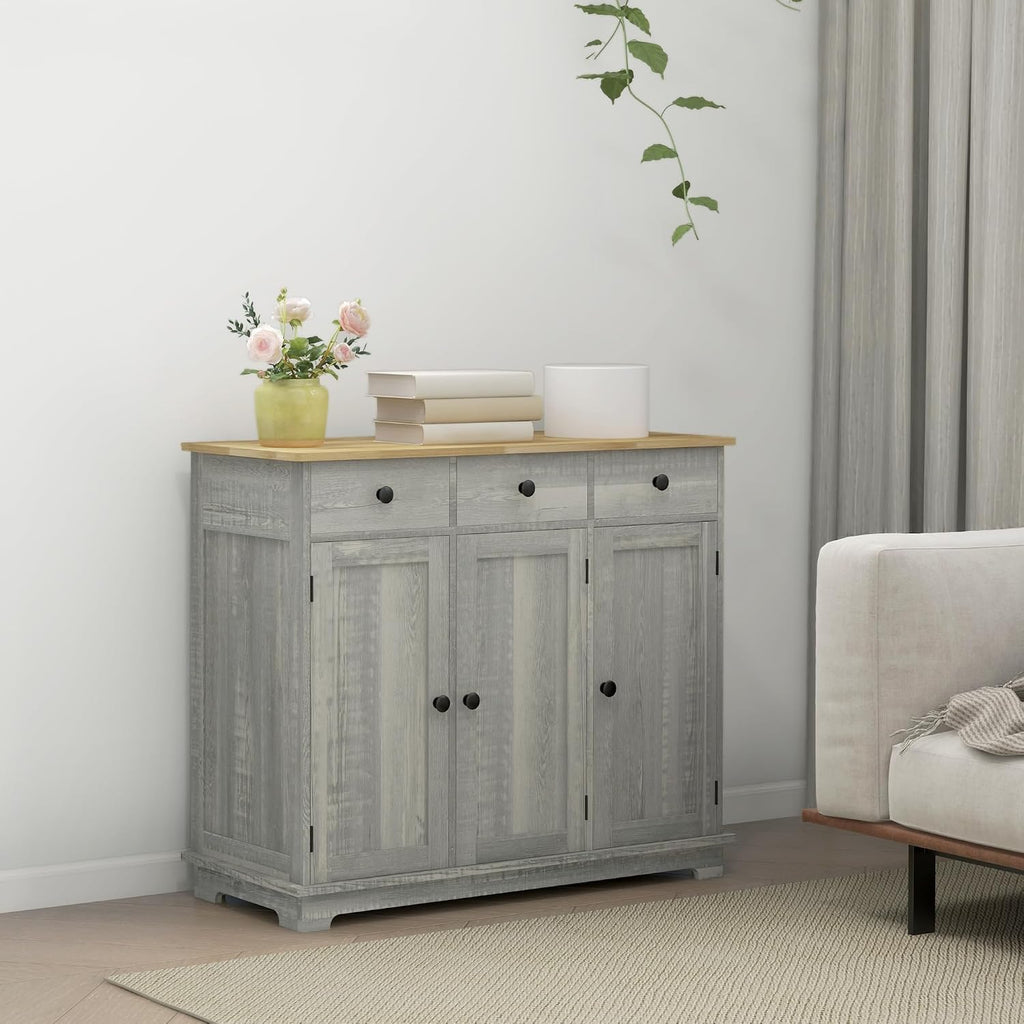 40' Solid Wood Top Freestanding Storage Cabinet, Kitchen Storage Bakers Rack with Drawers, Utility Food Cupboard with Adjustable Shelf for Dining Room and Entryway, Light Gray