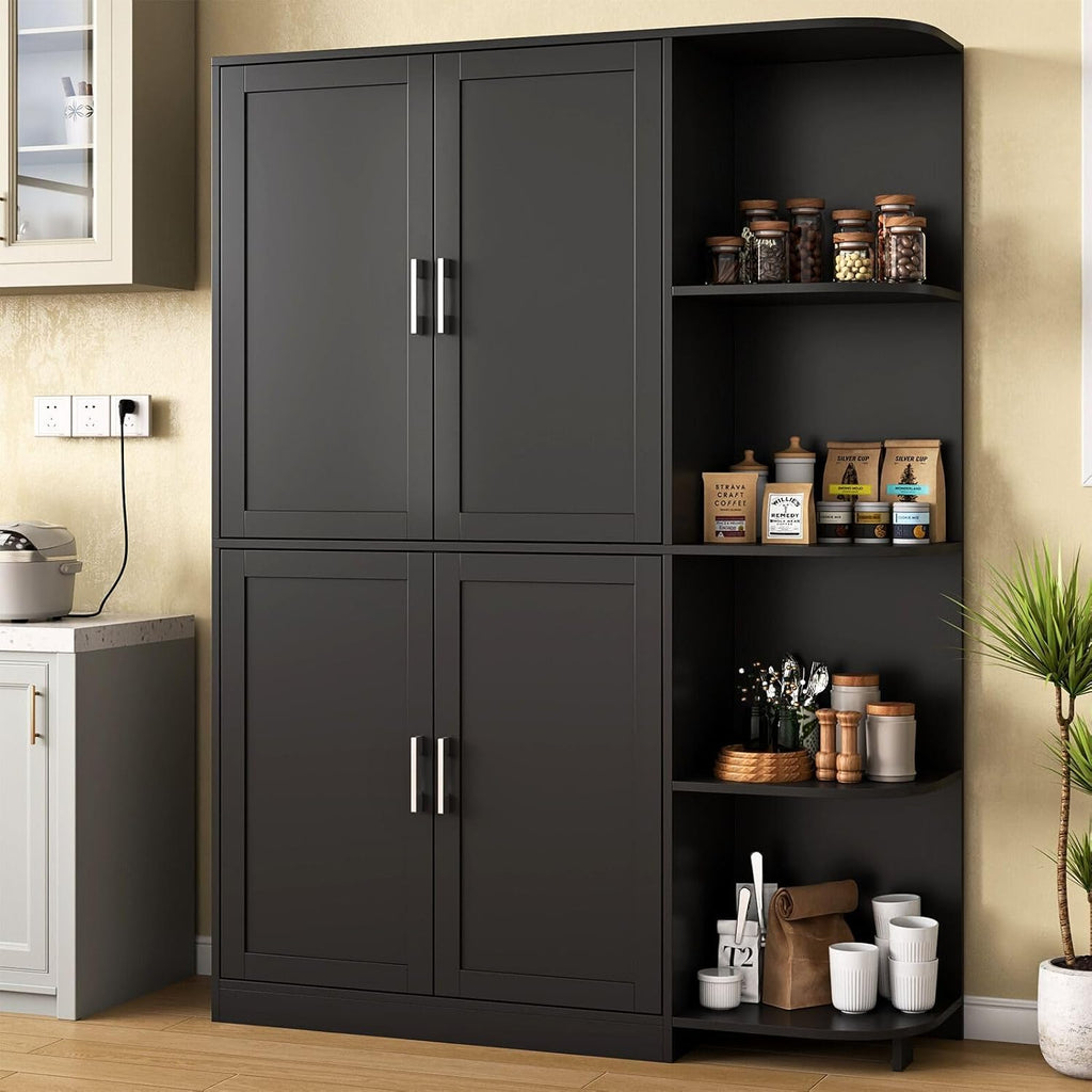 Loomie Kitchen Pantry Storage Cabinet, 64' Tall Freestanding Cupboard with Doors & Adjustable Shelves, Food Pantry Cabinet with 5-Tier External Shelf for Dining Room (Black)