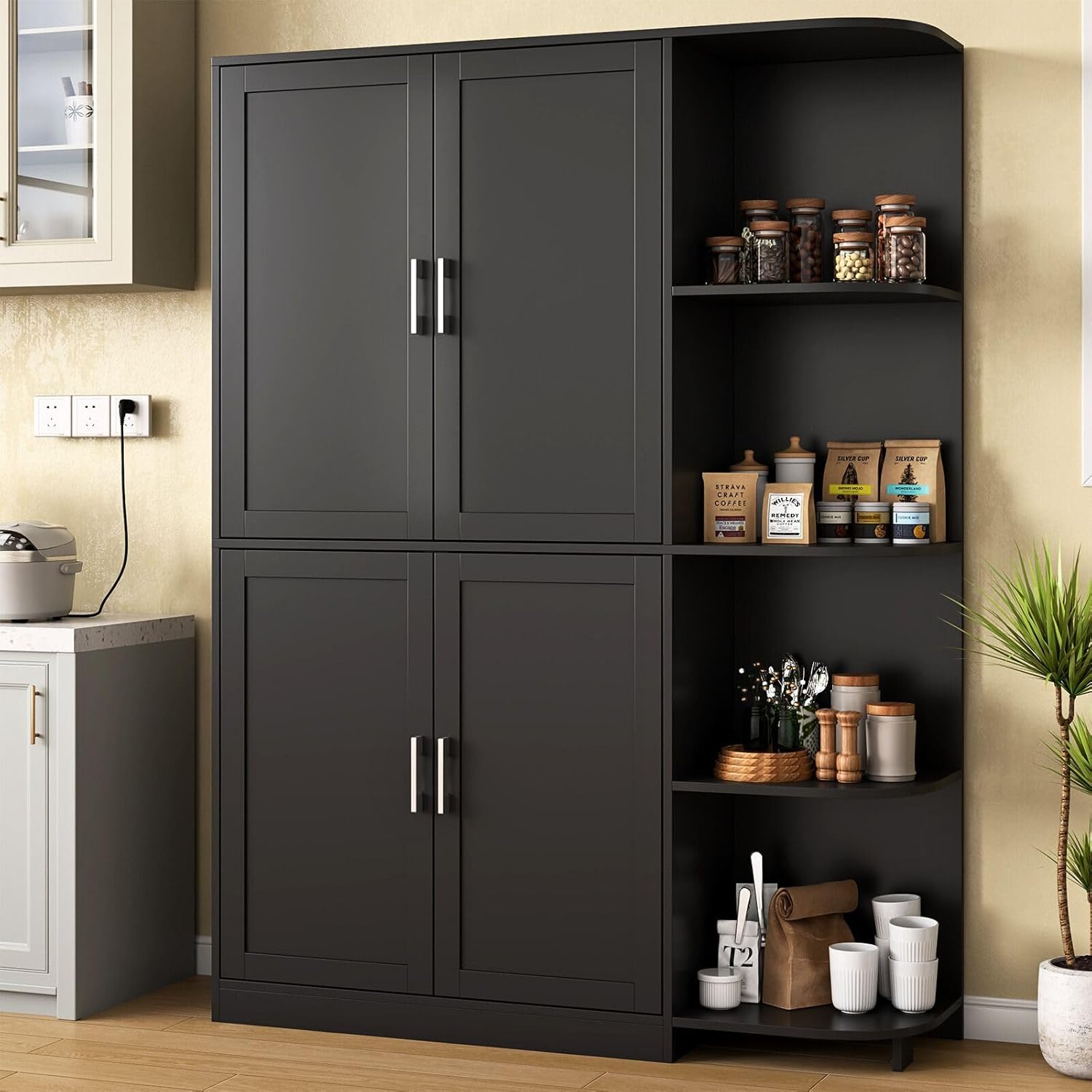 Loomie Kitchen Pantry Storage Cabinet, 64' Tall Freestanding Cupboard with Doors & Adjustable Shelves, Food Pantry Cabinet with 5-Tier External Shelf for Dining Room (Black)