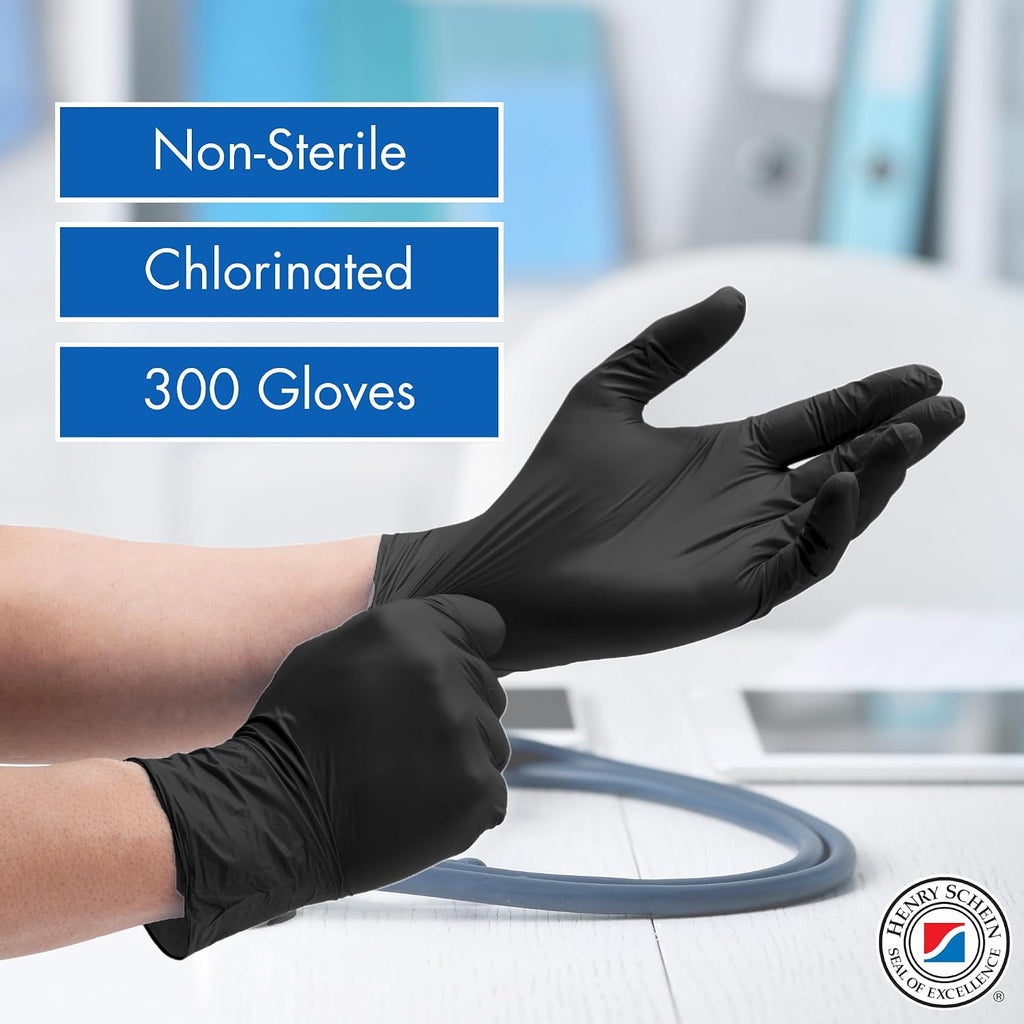 Henry Schein Criterion N300 Nitrile Exam Gloves, Black – 300/Box, Latex-Free, Disposable, Textured Fingertips, Beaded Cuff