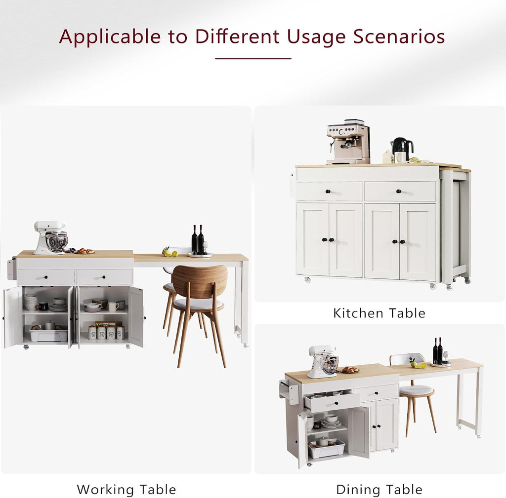 74.5' Rolling Kitchen Island with Extendable Dining Table, Kitchen Storage Cart on Wheels with 2 Drawers, Spice Rack, 4 Door Cabinet for Kitchen, Dining Room, White