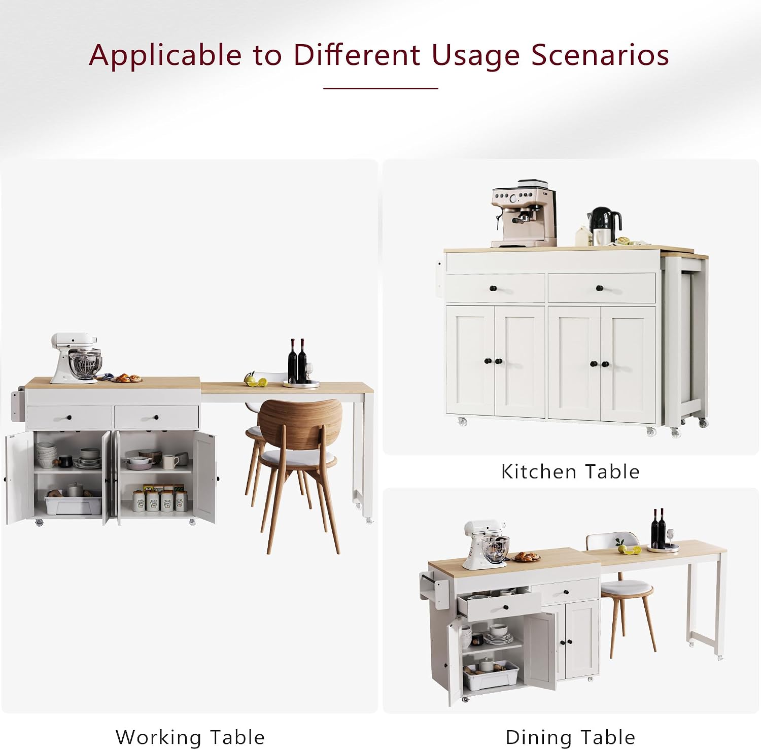 74.5' Rolling Kitchen Island with Extendable Dining Table, Kitchen Storage Cart on Wheels with 2 Drawers, Spice Rack, 4 Door Cabinet for Kitchen, Dining Room, White