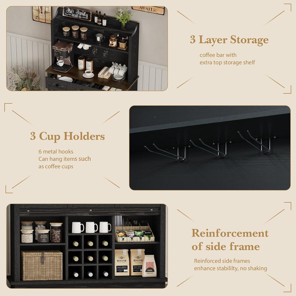 REVOMINCA 63 Inch Tall Coffee Bar Cabinet with 3-Tier, Kitchen Hutch with 3 Large Drawers, Farmhouse Coffee Bar with 9 Wine Racks & 3 Glass Holders, Wine Storage Cabinet for Living Dining Room, Black