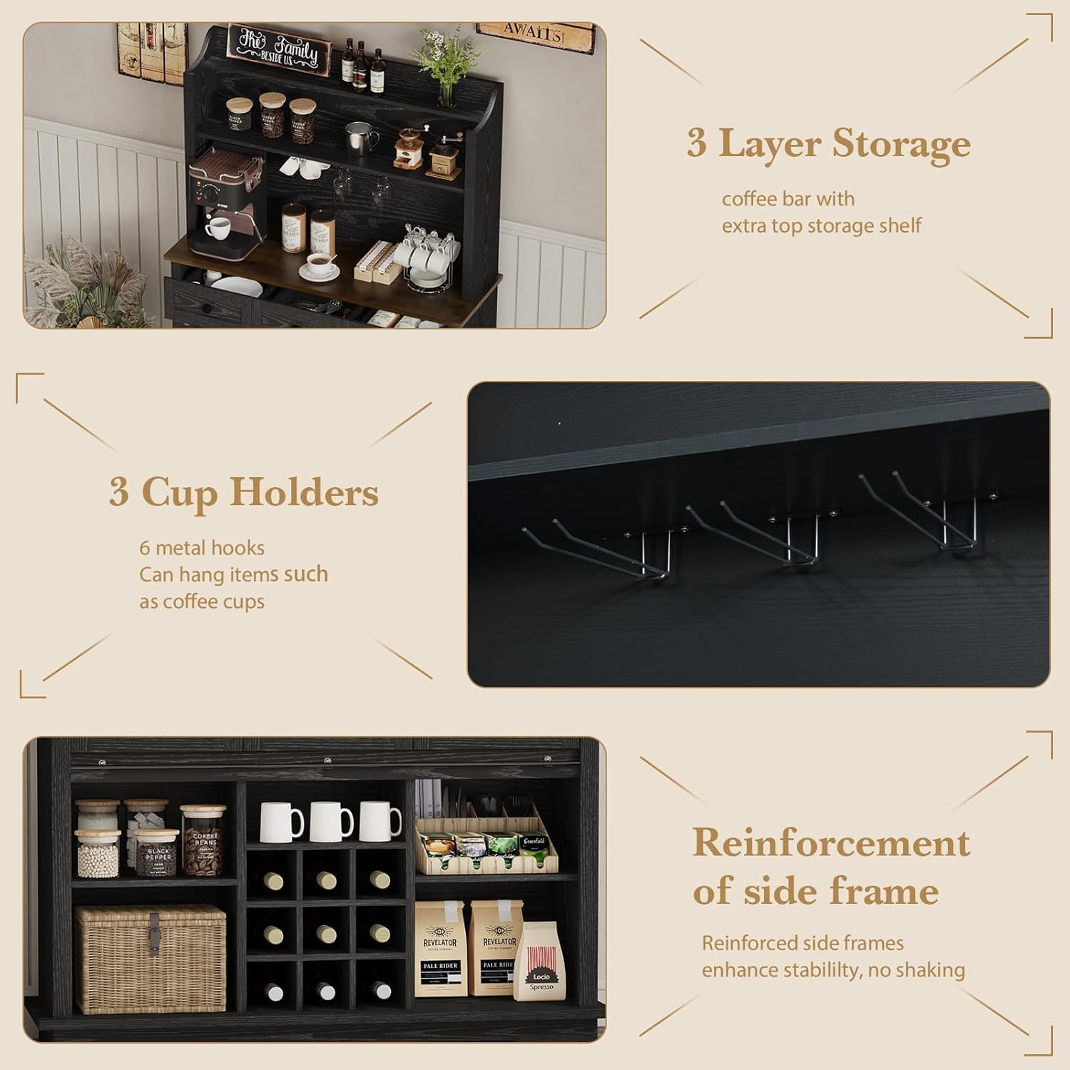 REVOMINCA 63 Inch Tall Coffee Bar Cabinet with 3-Tier, Kitchen Hutch with 3 Large Drawers, Farmhouse Coffee Bar with 9 Wine Racks & 3 Glass Holders, Wine Storage Cabinet for Living Dining Room, Black