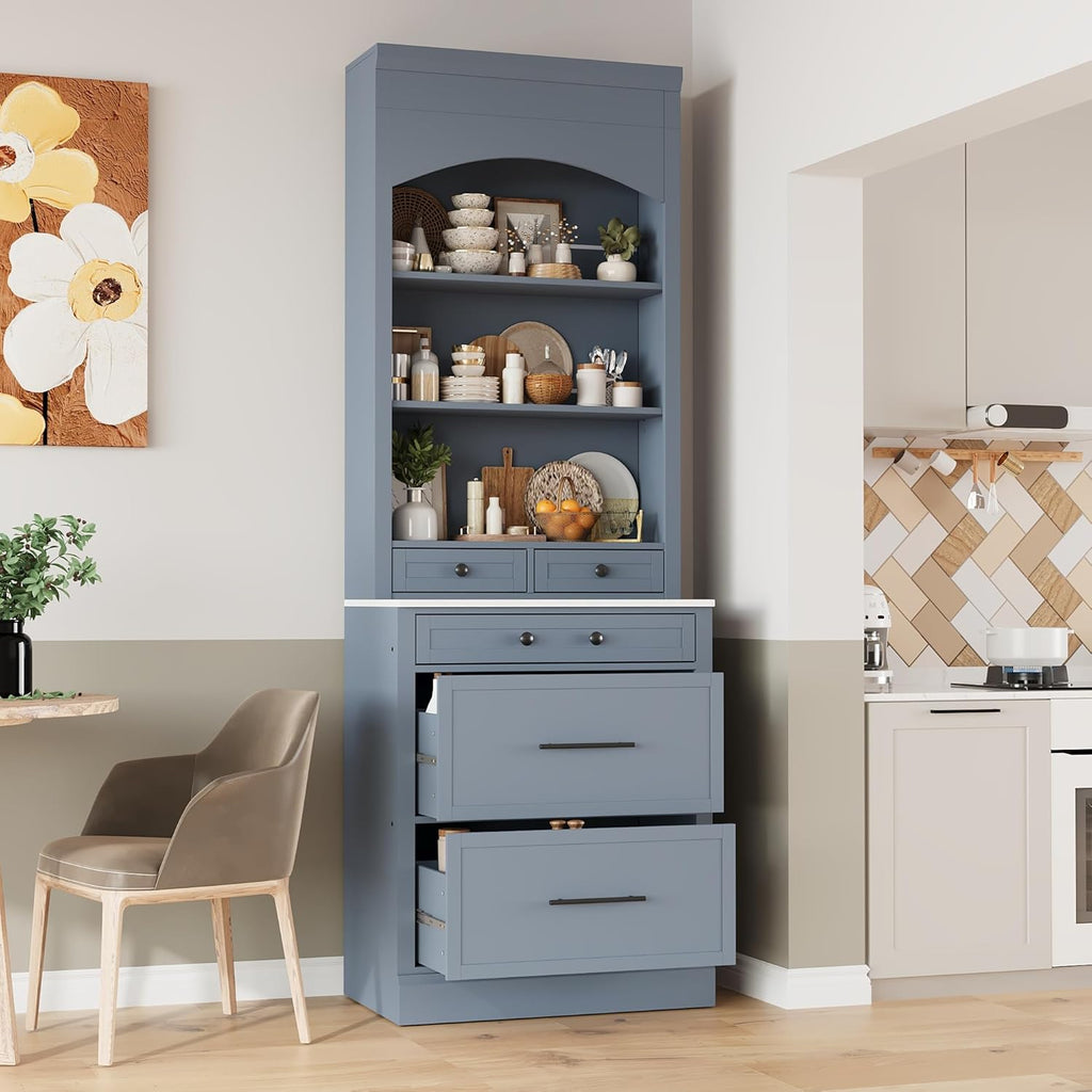 84' Freestanding Storage Cabinet with 5 Drawers, Kitchen Storage Bakers Rack with Faux Marble Top, Utility Food Cupboard with Adjustable Shelf for Kitchen Dining Room, Gray