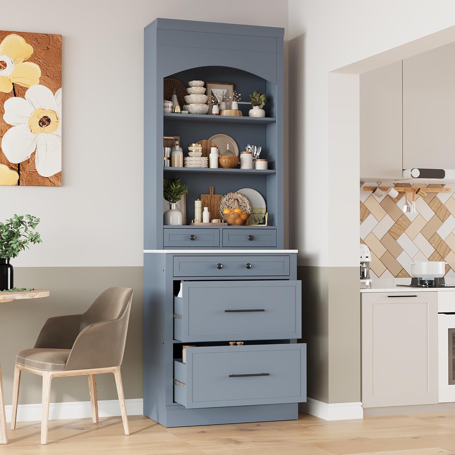 84' Freestanding Storage Cabinet with 5 Drawers, Kitchen Storage Bakers Rack with Faux Marble Top, Utility Food Cupboard with Adjustable Shelf for Kitchen Dining Room, Gray