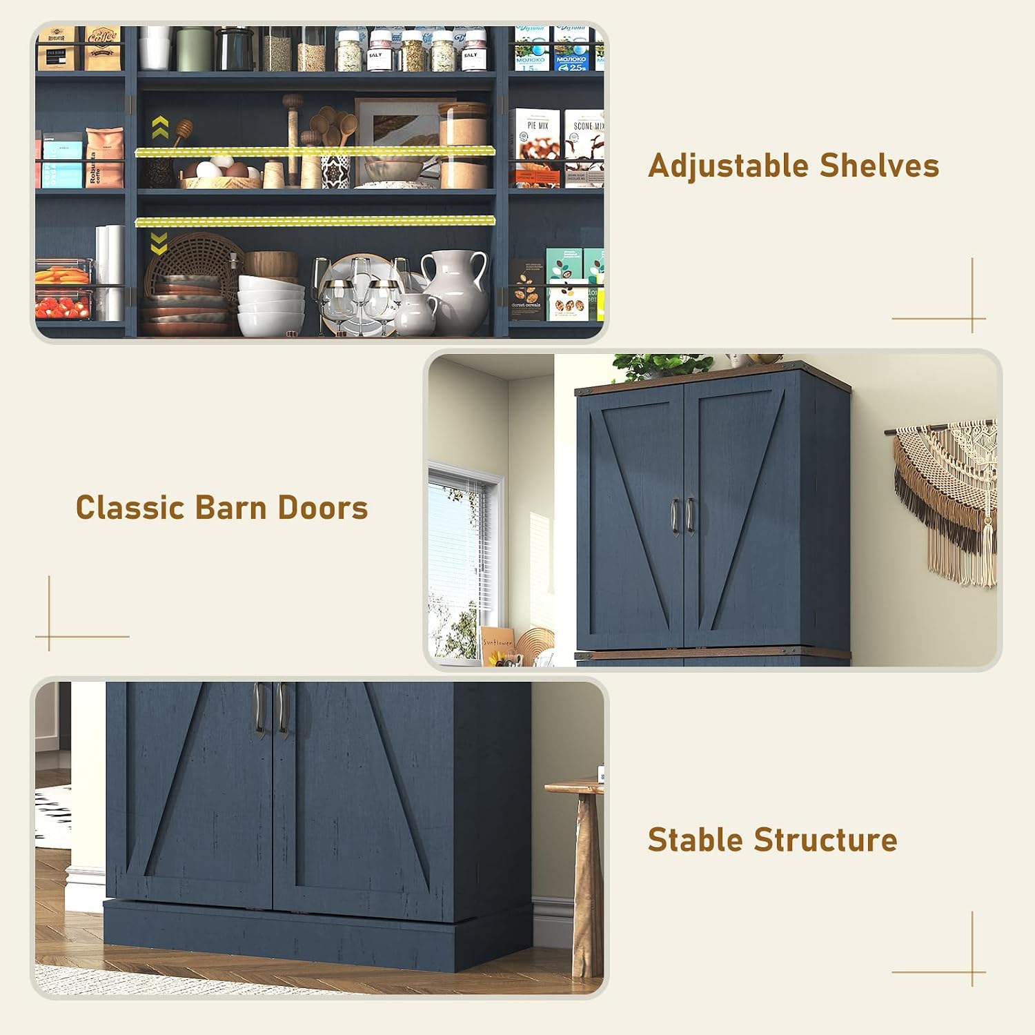 71' Tall Kitchen Pantry Cabinet, Farmhouse Tall Kitchen Storage Cabinet with Adjustable Shelves & 4 Barn Style Doors, Wooden Storage Cabinet for Kitchen, Dining Room, Living Room, Bathroom, Office